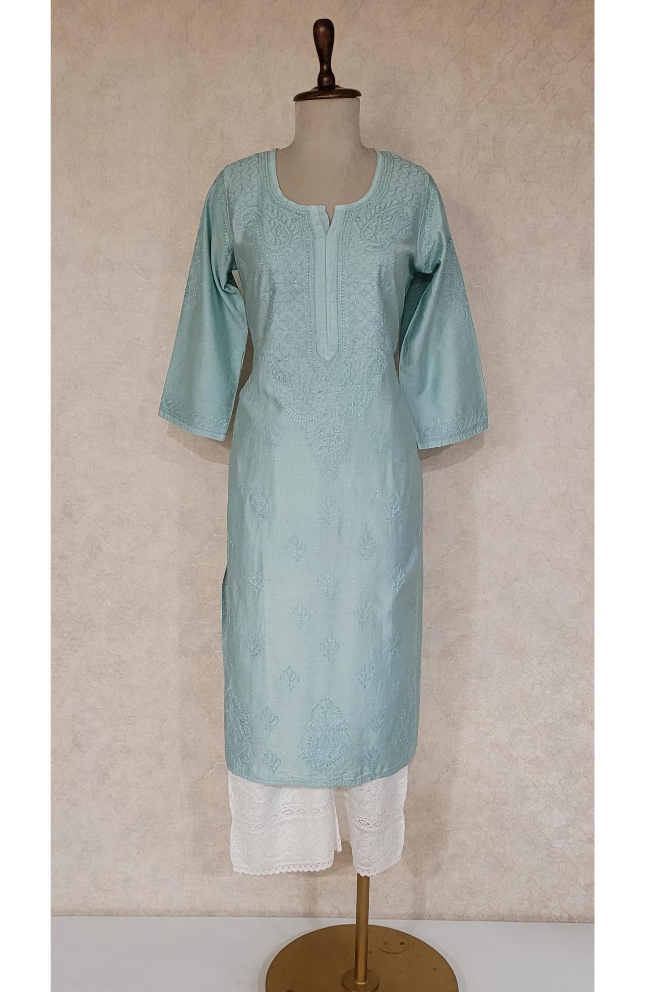 Sea Green Chanderi Sequence Chikankari Kurta