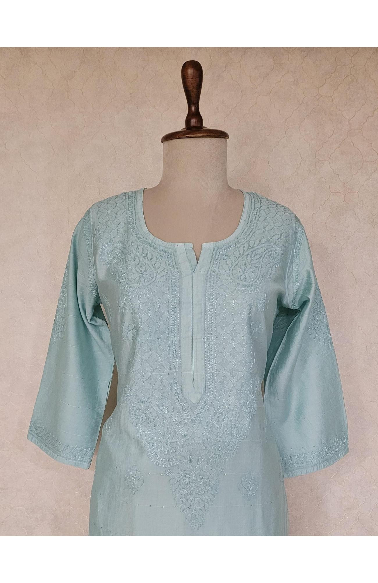 Sea Green Chanderi Sequence Chikankari Kurta