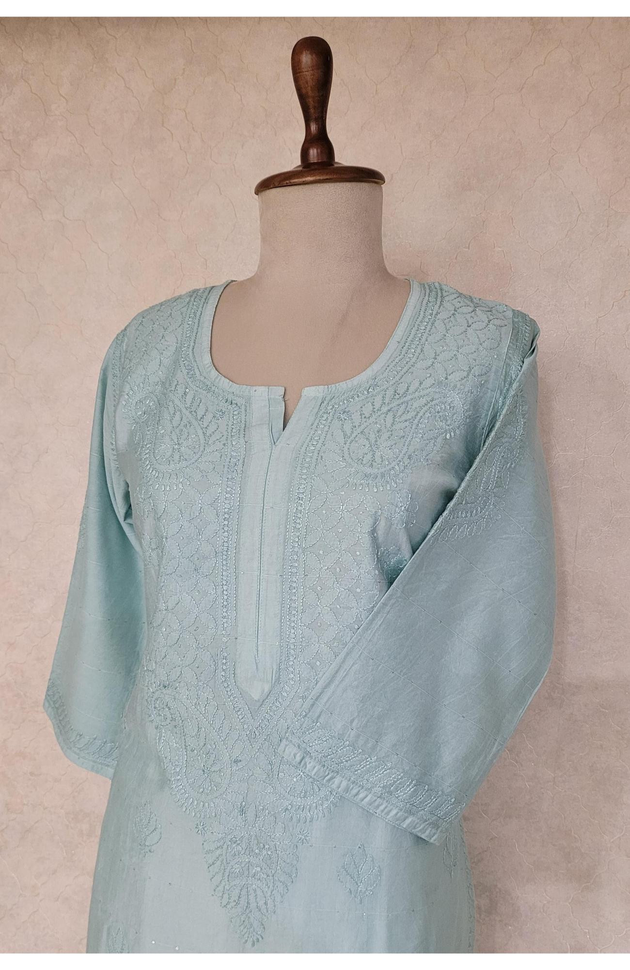 Sea Green Chanderi Sequence Chikankari Kurta