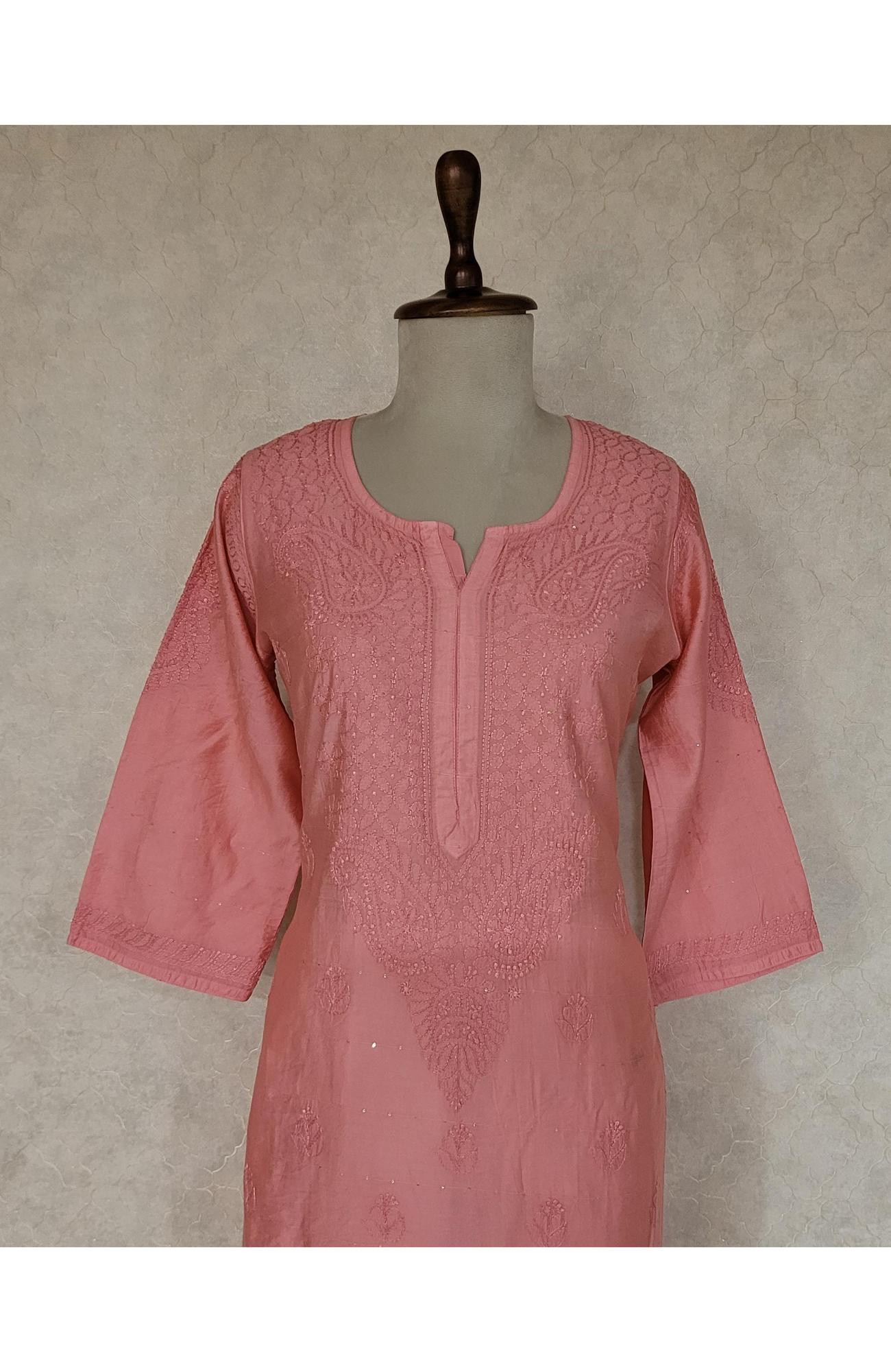 Carrot Pink Chanderi Sequence Chikankari Kurti