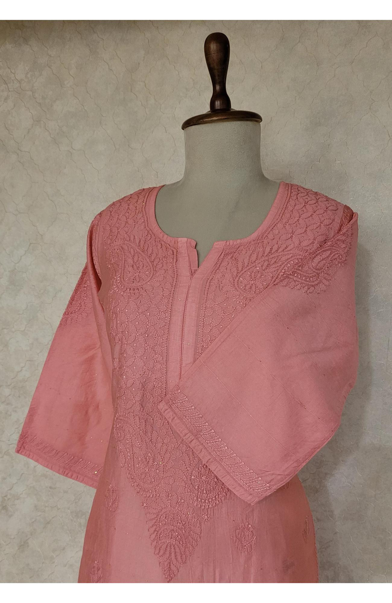 Carrot Pink Chanderi Sequence Chikankari Kurti