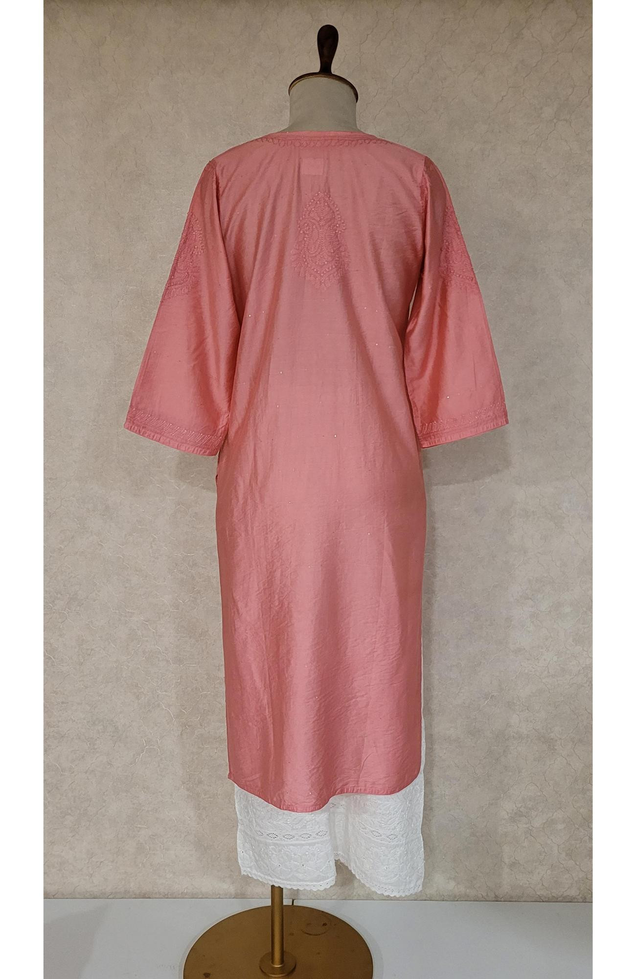 Carrot Pink Chanderi Sequence Chikankari Kurti