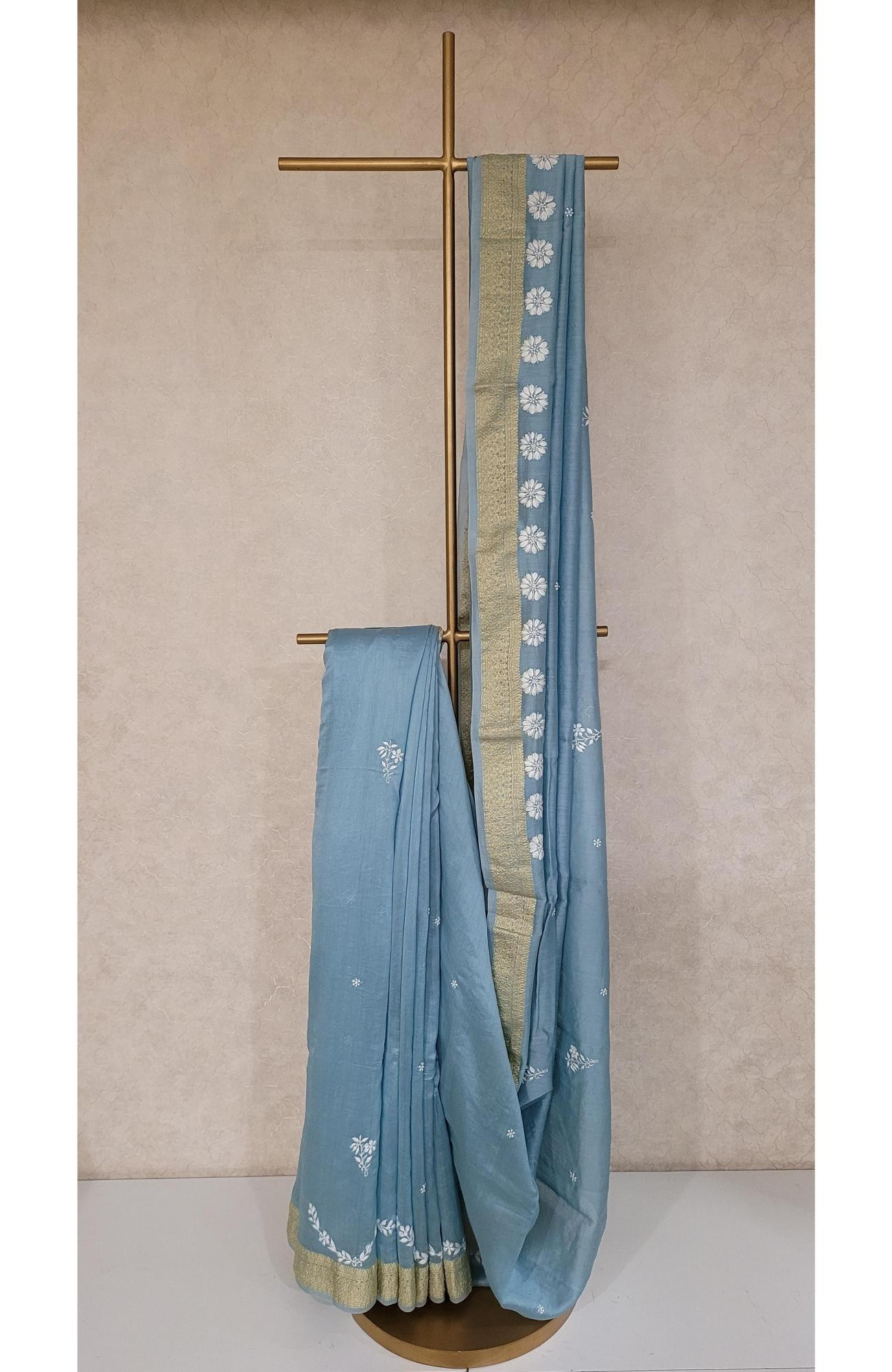 Blue Chanderi Slik Chikankari Saree