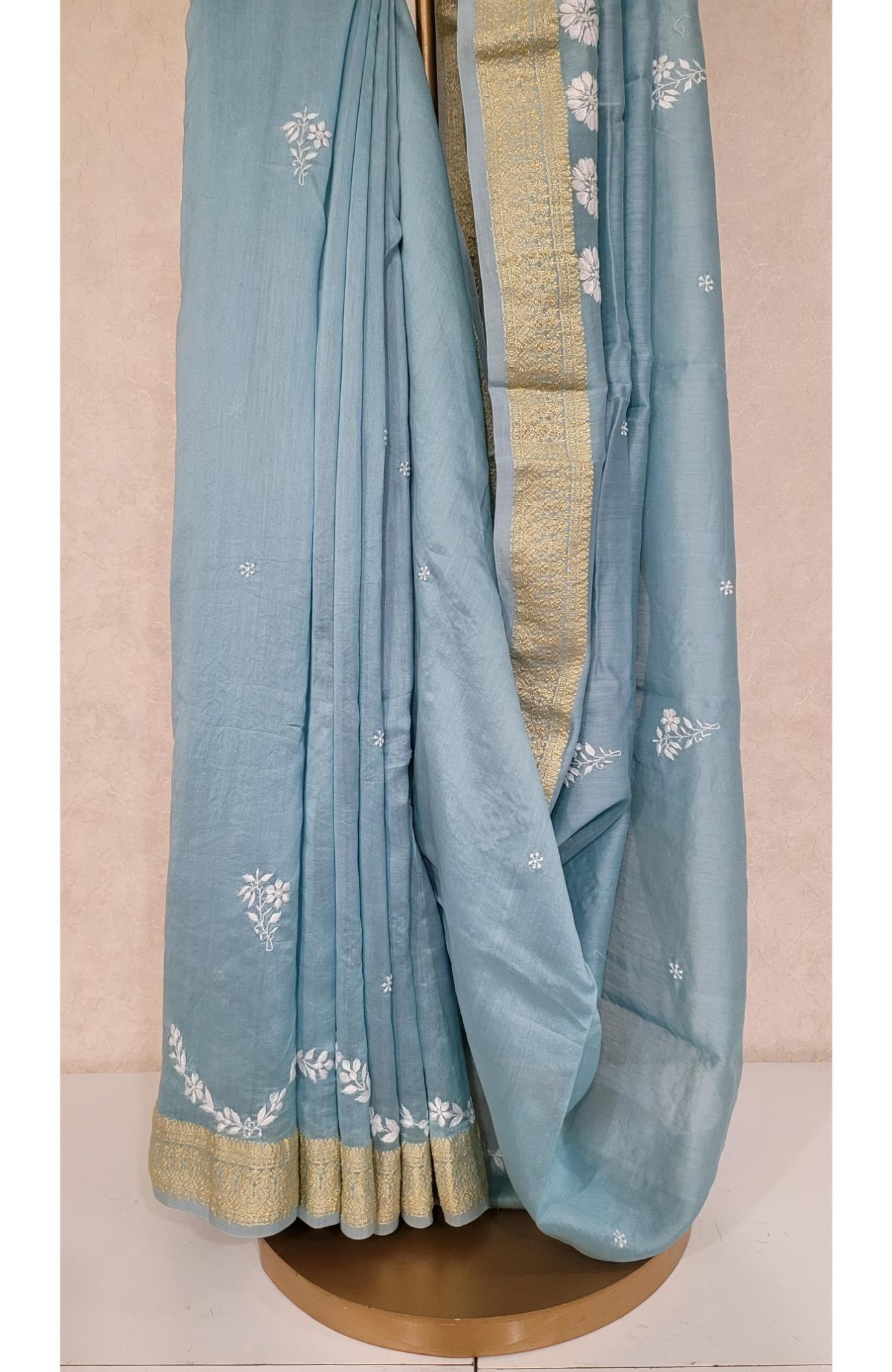 Blue Chanderi Slik Chikankari Saree