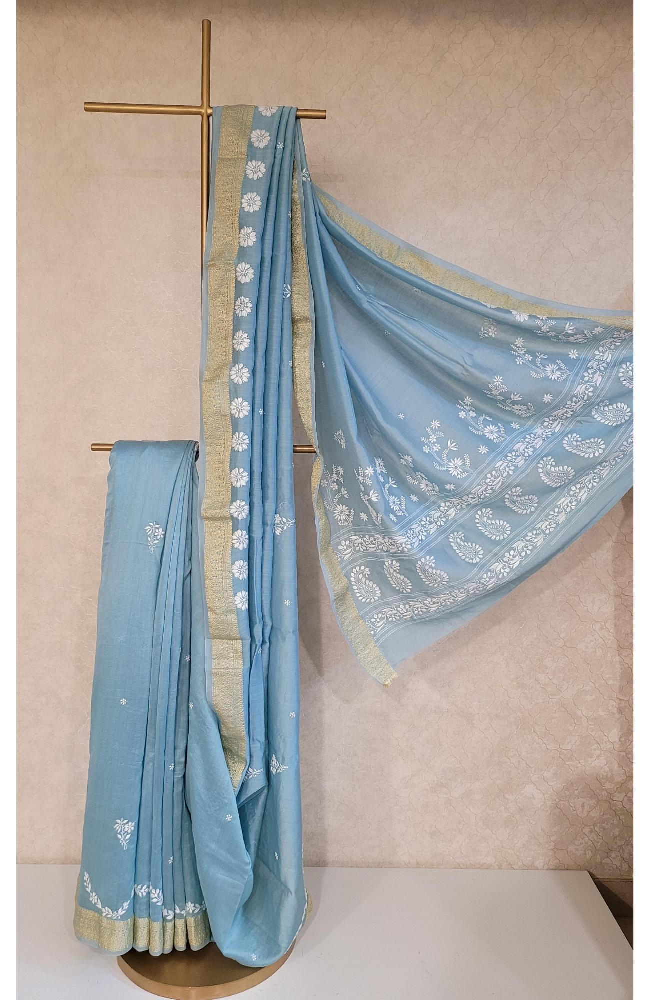 Blue Chanderi Slik Chikankari Saree