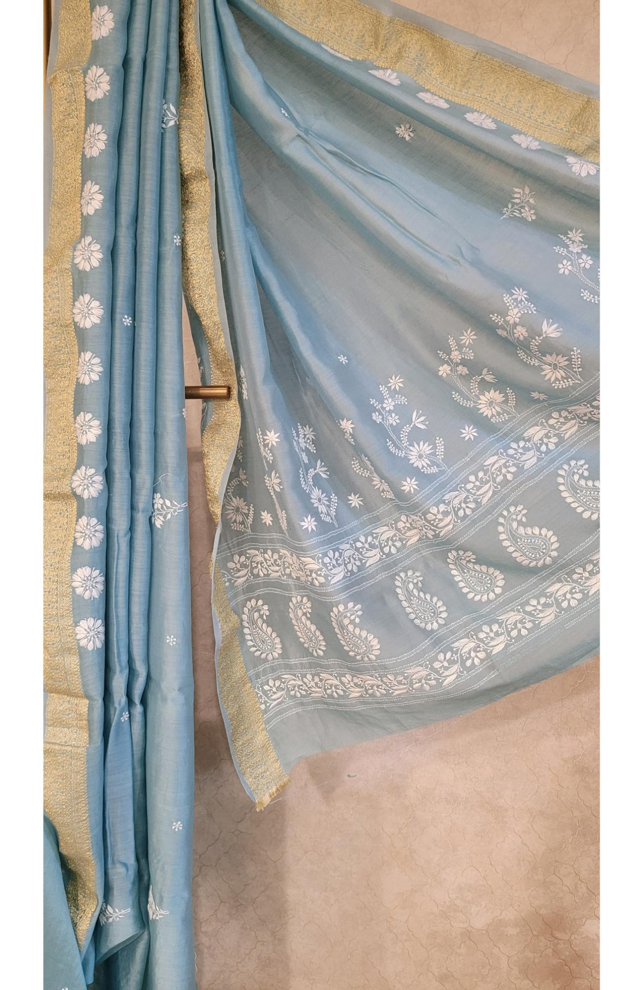 Blue Chanderi Slik Chikankari Saree