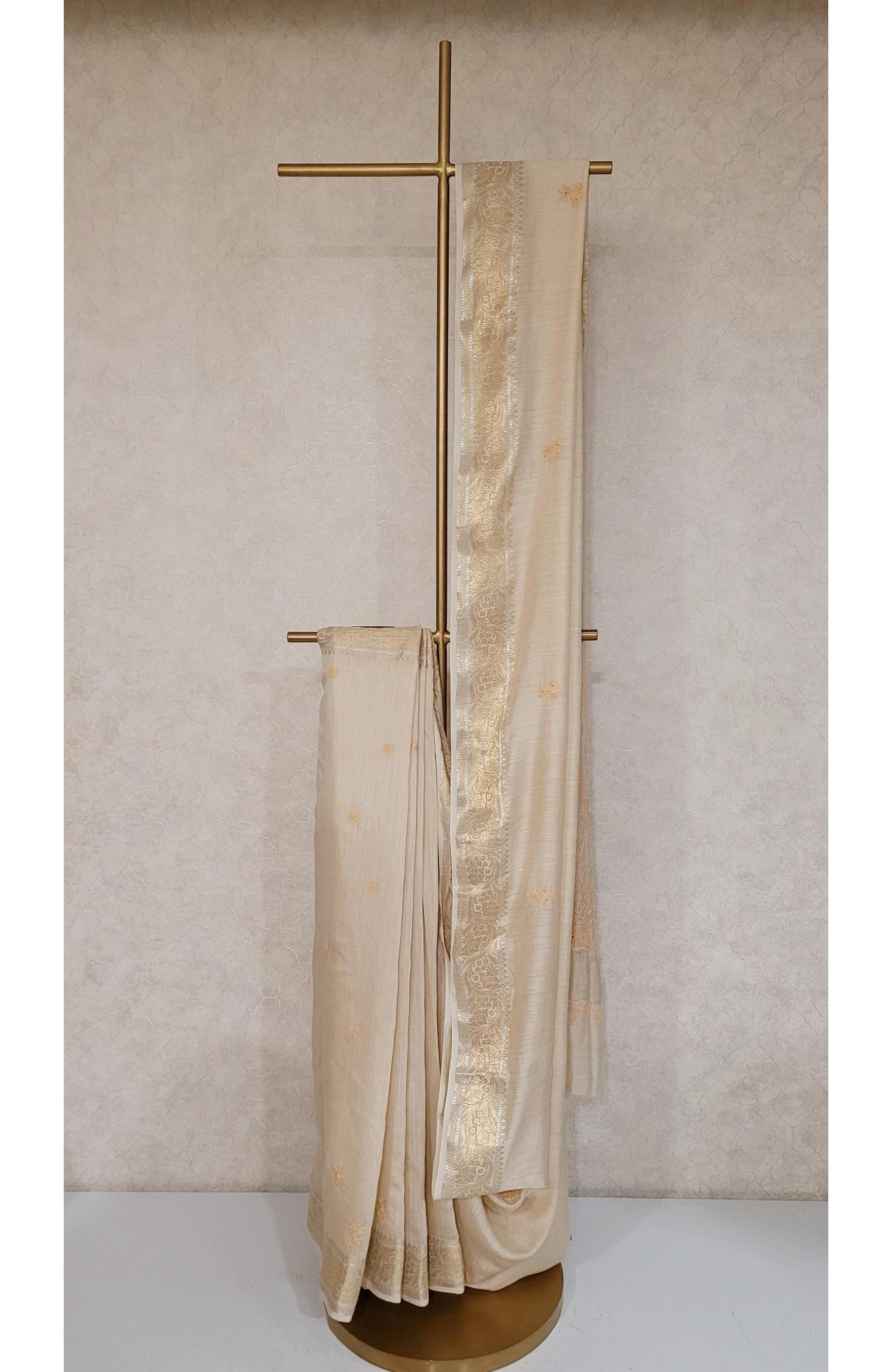 Beige Moonga Silk Chikankari Saree
