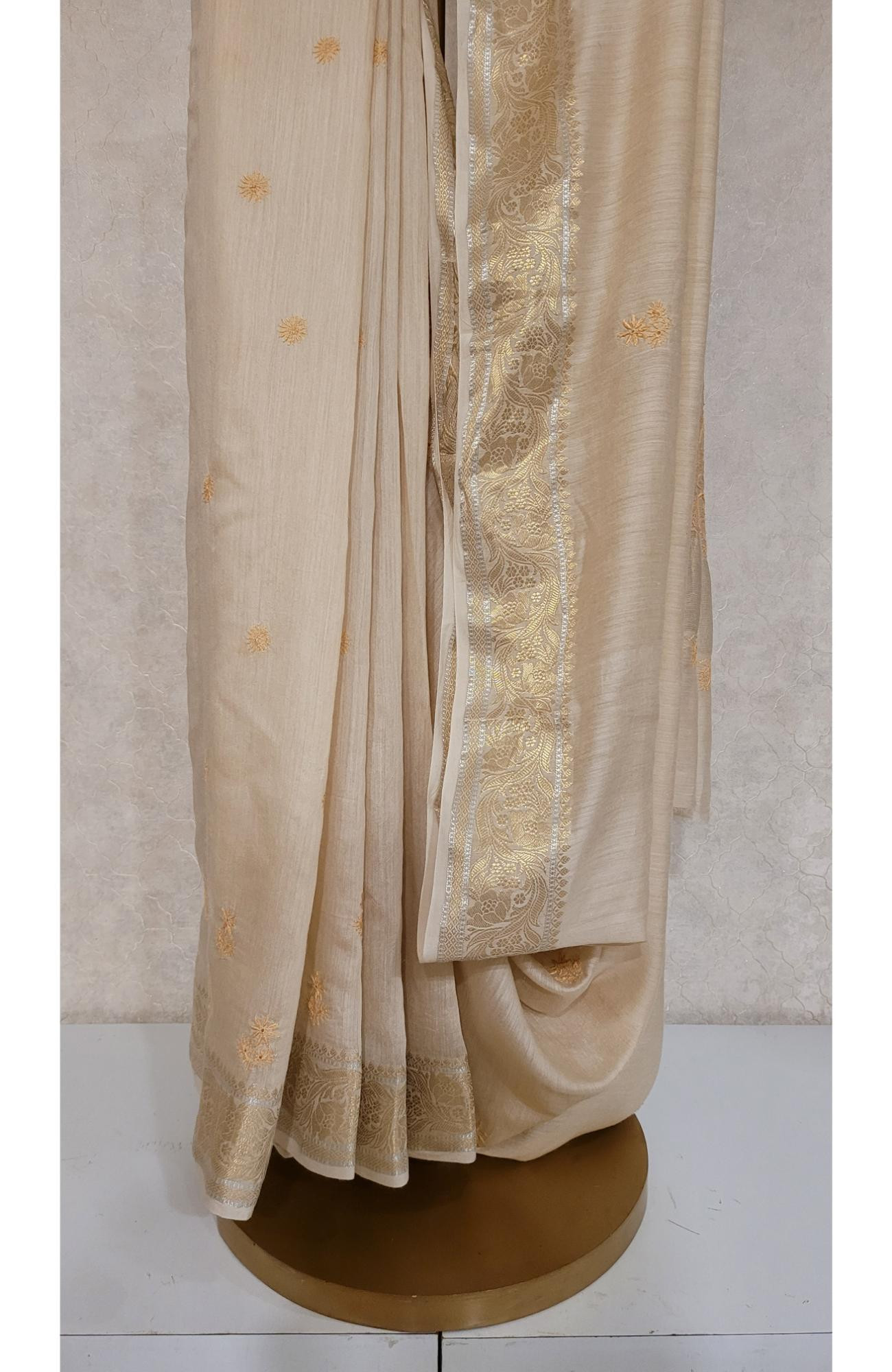 Beige Moonga Silk Chikankari Saree