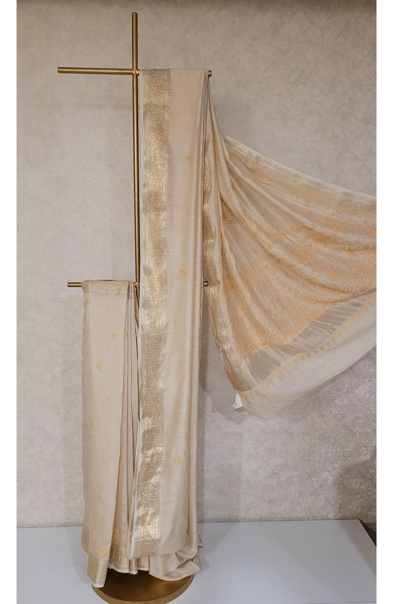 Beige Moonga Silk Chikankari Saree