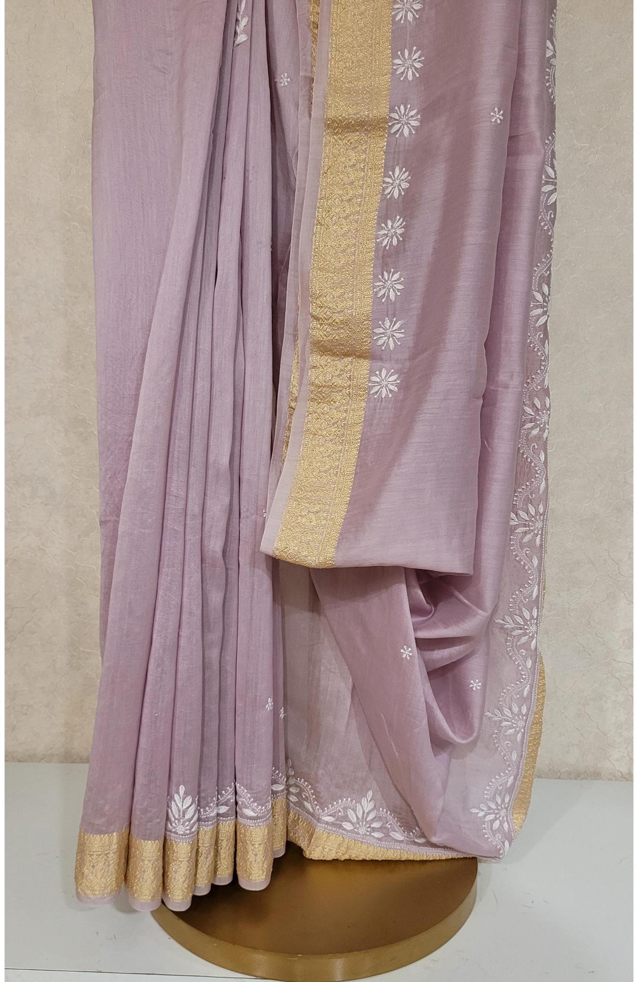 Onion Pink Chanderi Silk Chikankari Saree