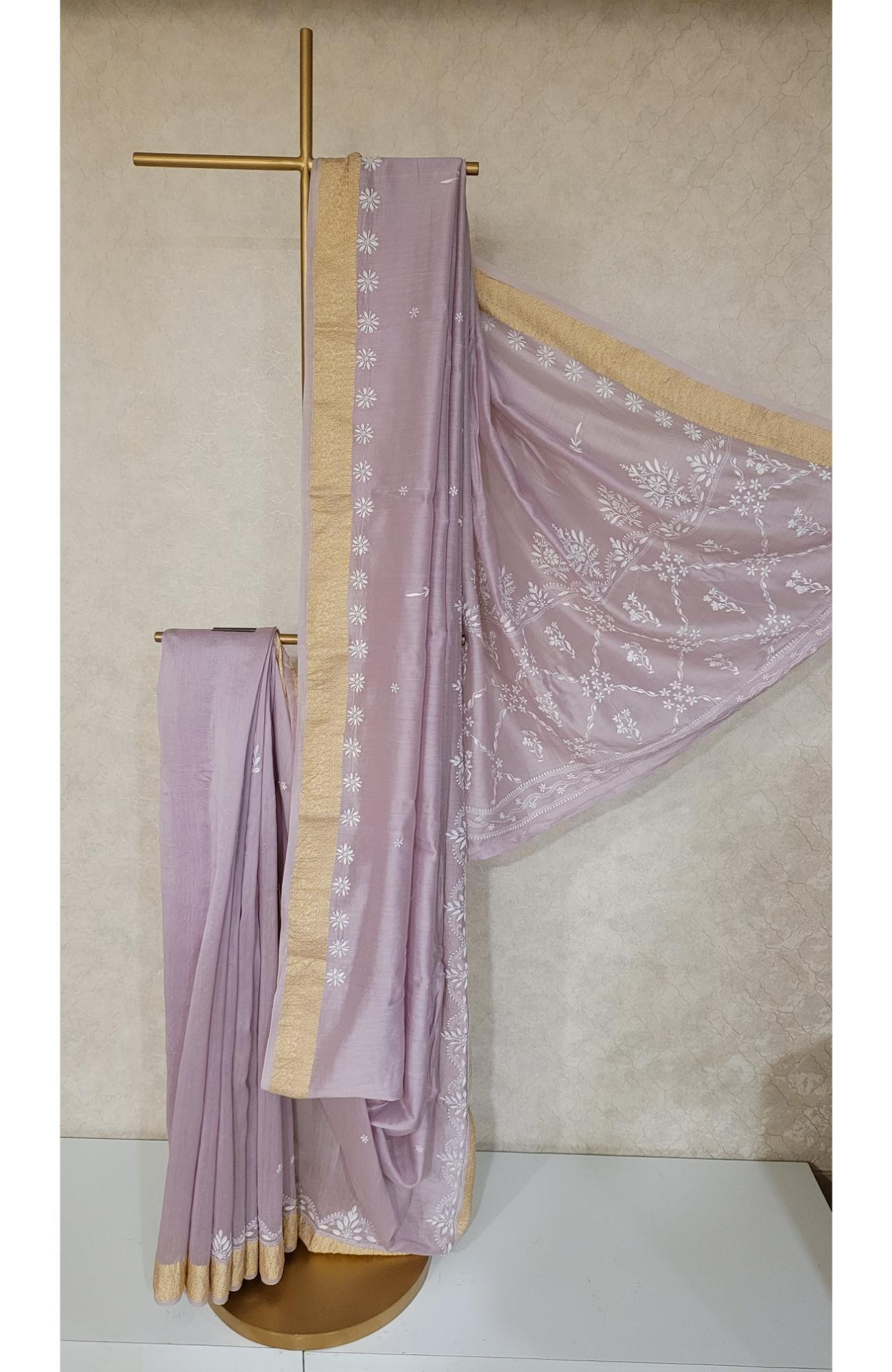 Onion Pink Chanderi Silk Chikankari Saree