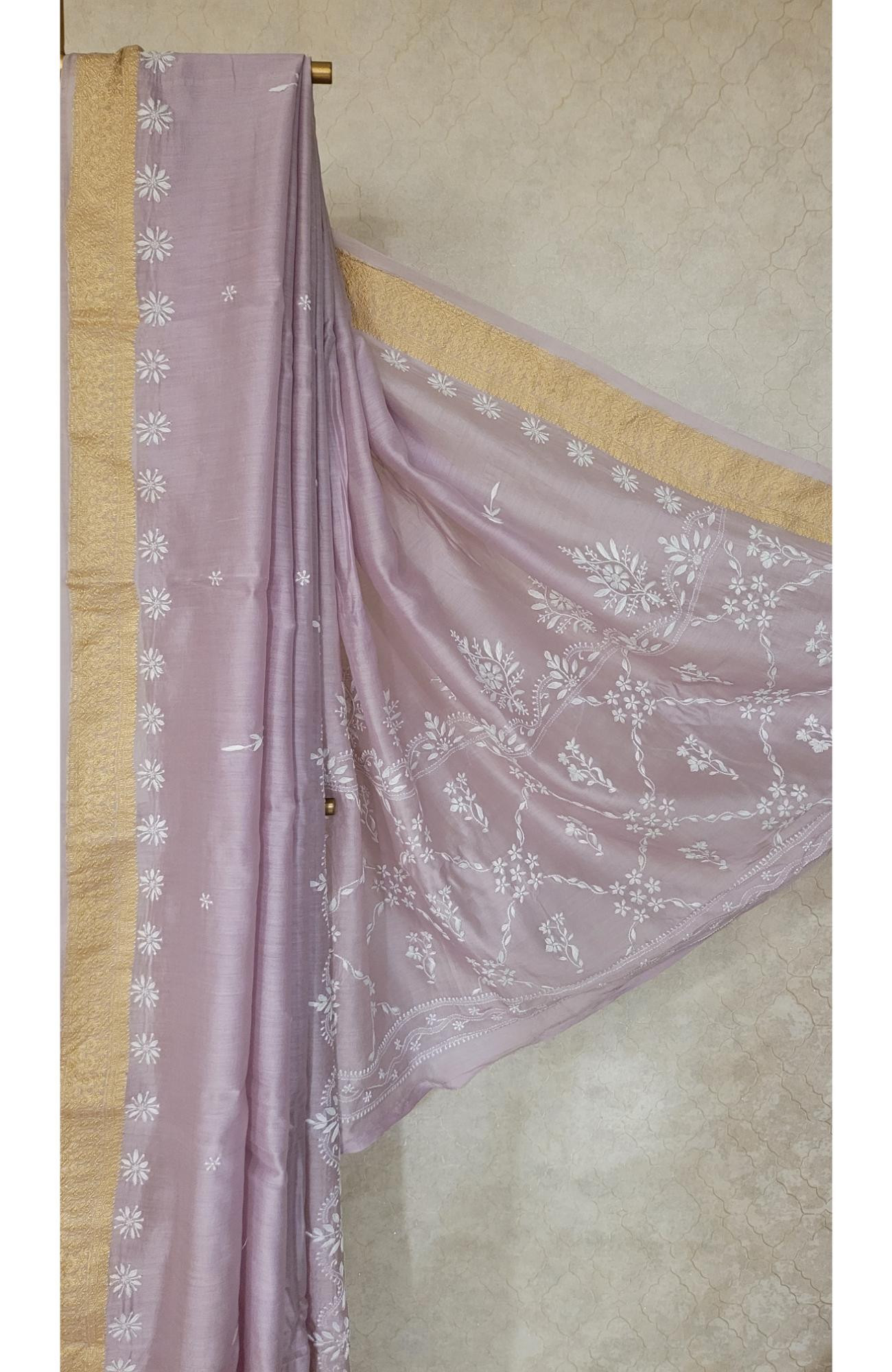 Onion Pink Chanderi Silk Chikankari Saree