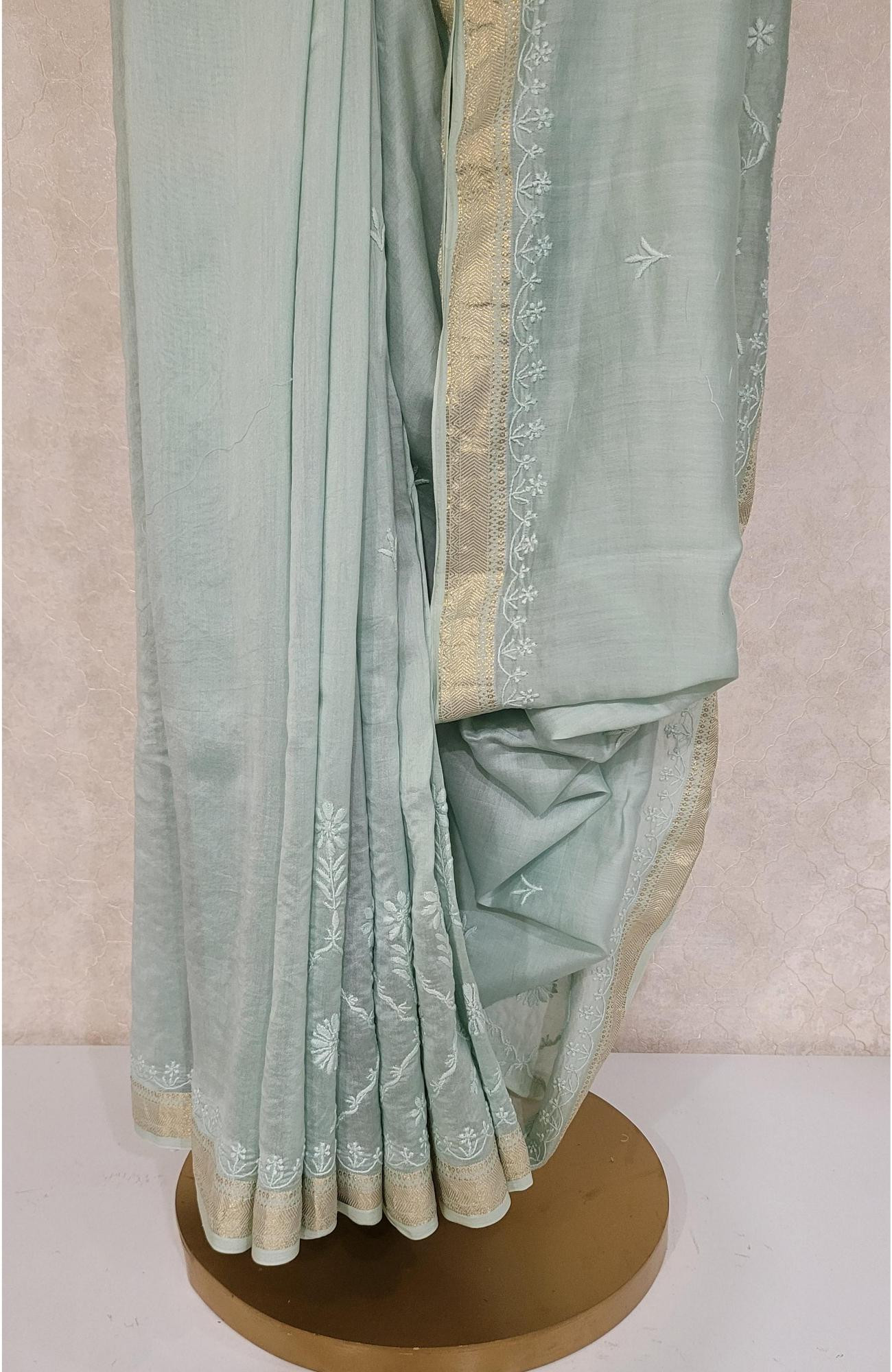 Sea Green Chanderi Silk Chikankari Saree
