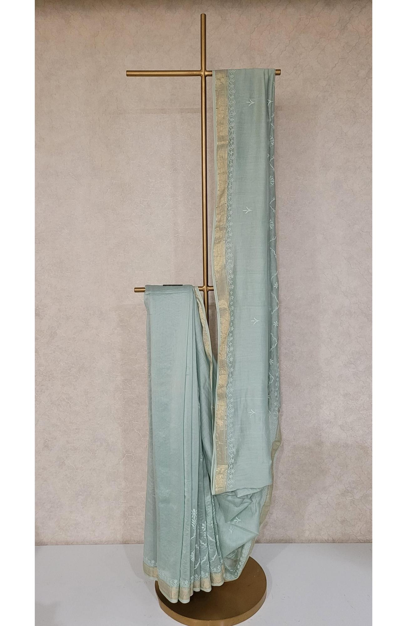 Sea Green Chanderi Silk Chikankari Saree
