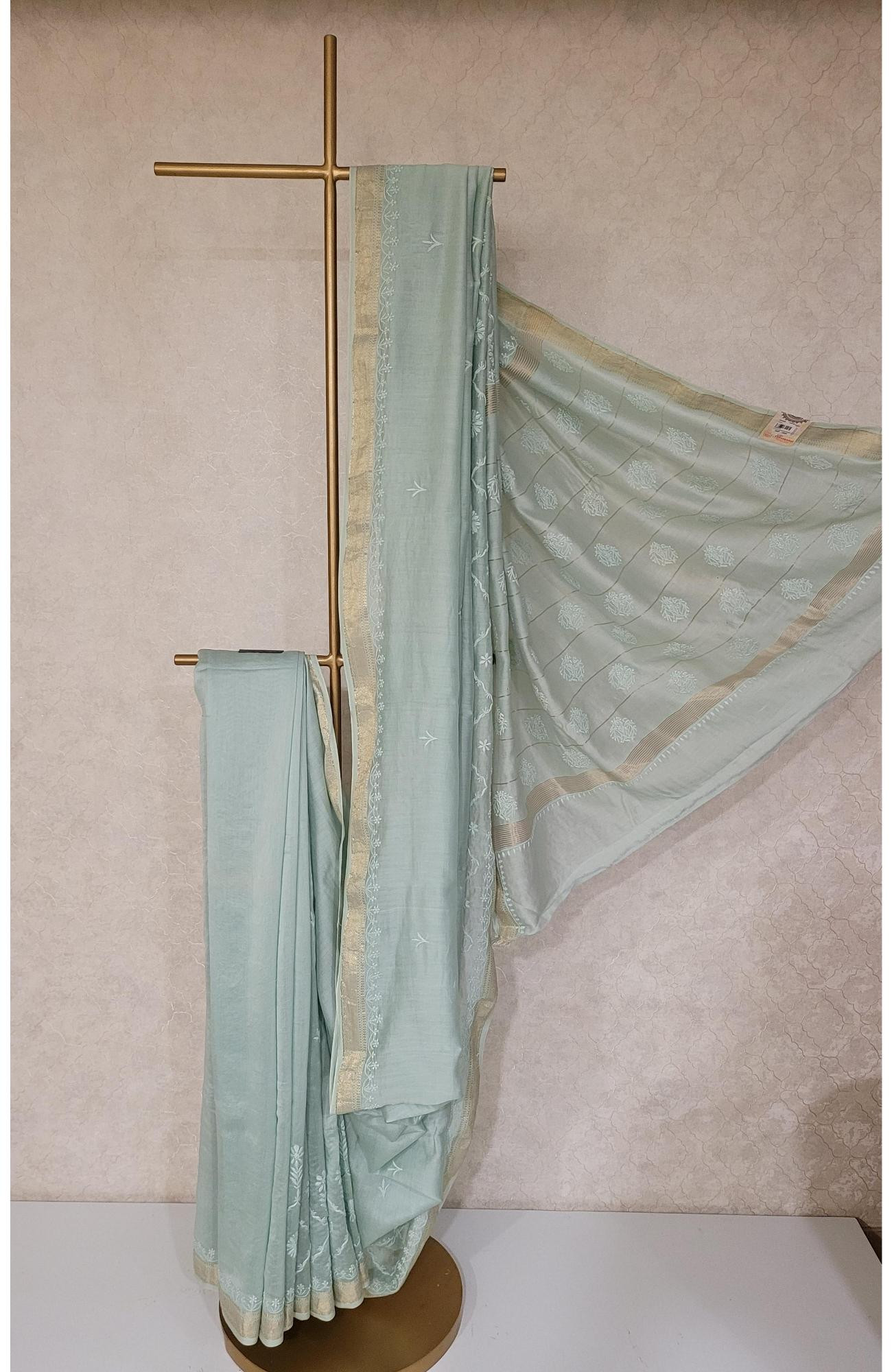 Sea Green Chanderi Silk Chikankari Saree