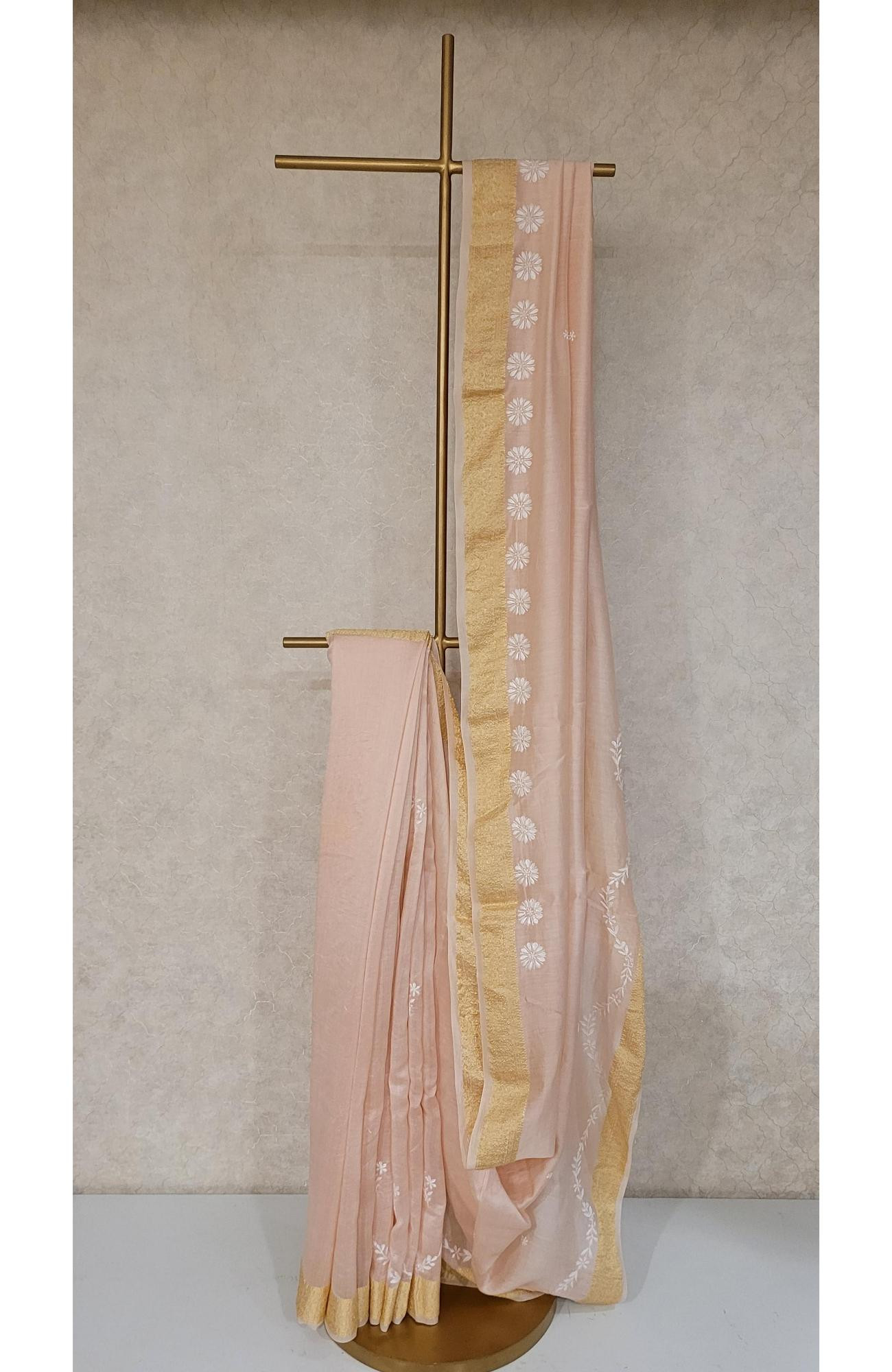 Pink Chanderi Silk Chikankari Saree