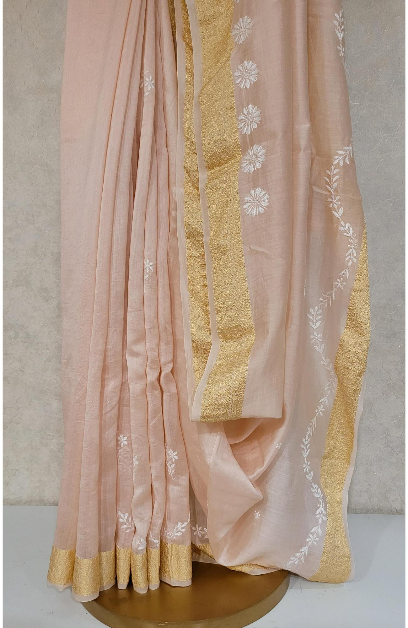 Pink Chanderi Silk Chikankari Saree