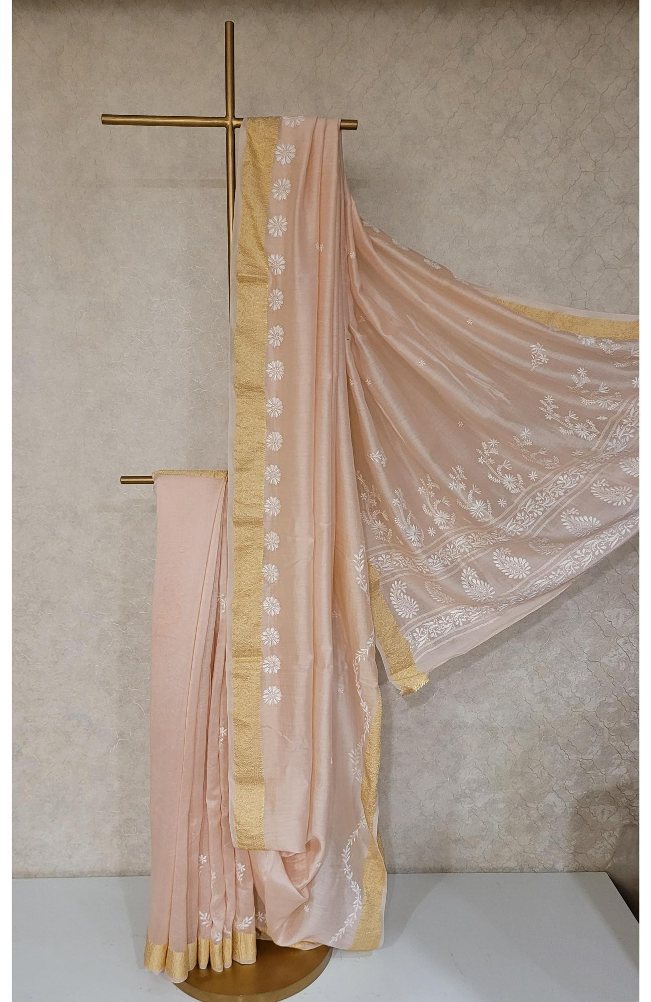Pink Chanderi Silk Chikankari Saree