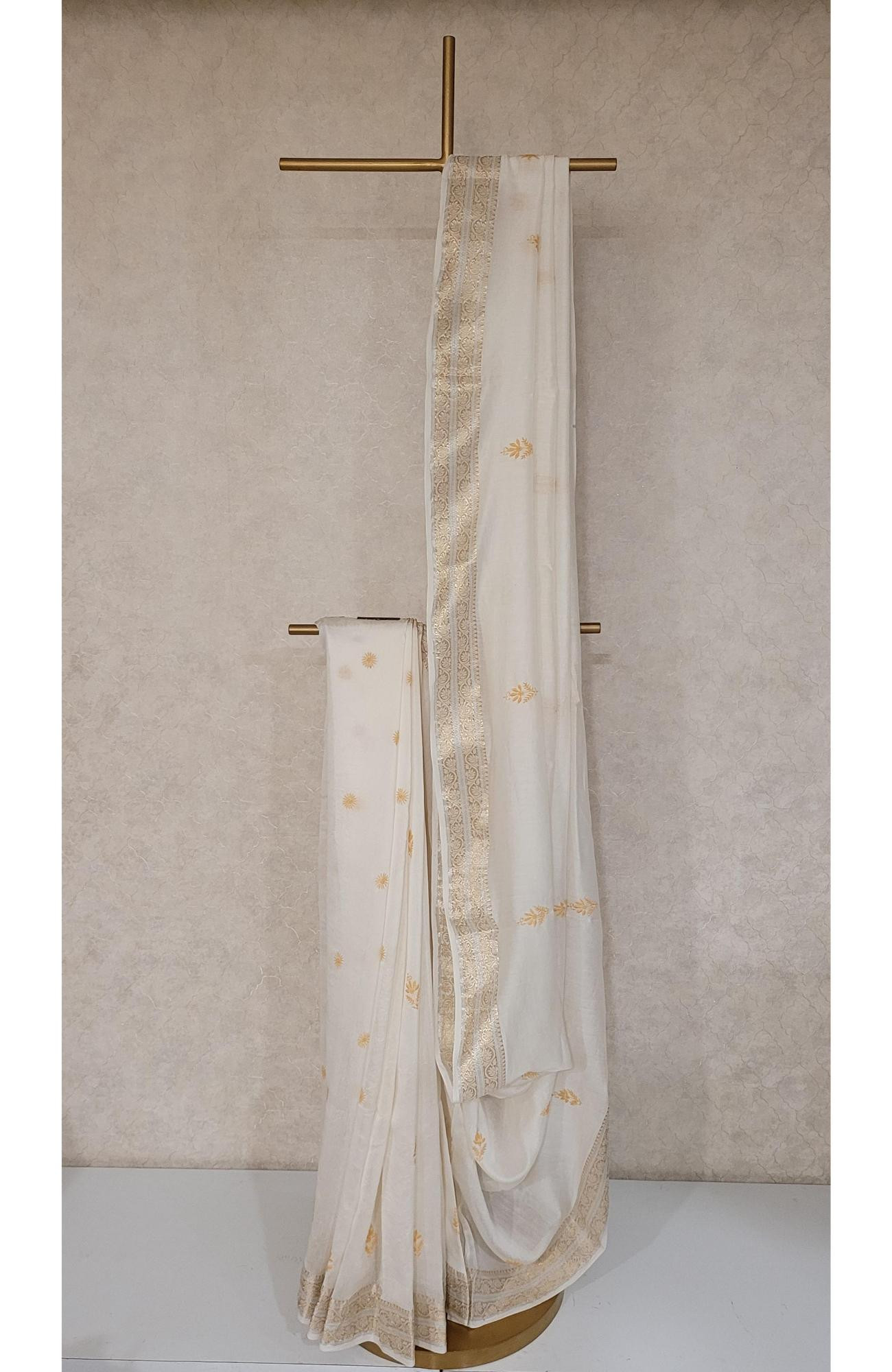 White Chanderi Slik Chikankari Saree Piece