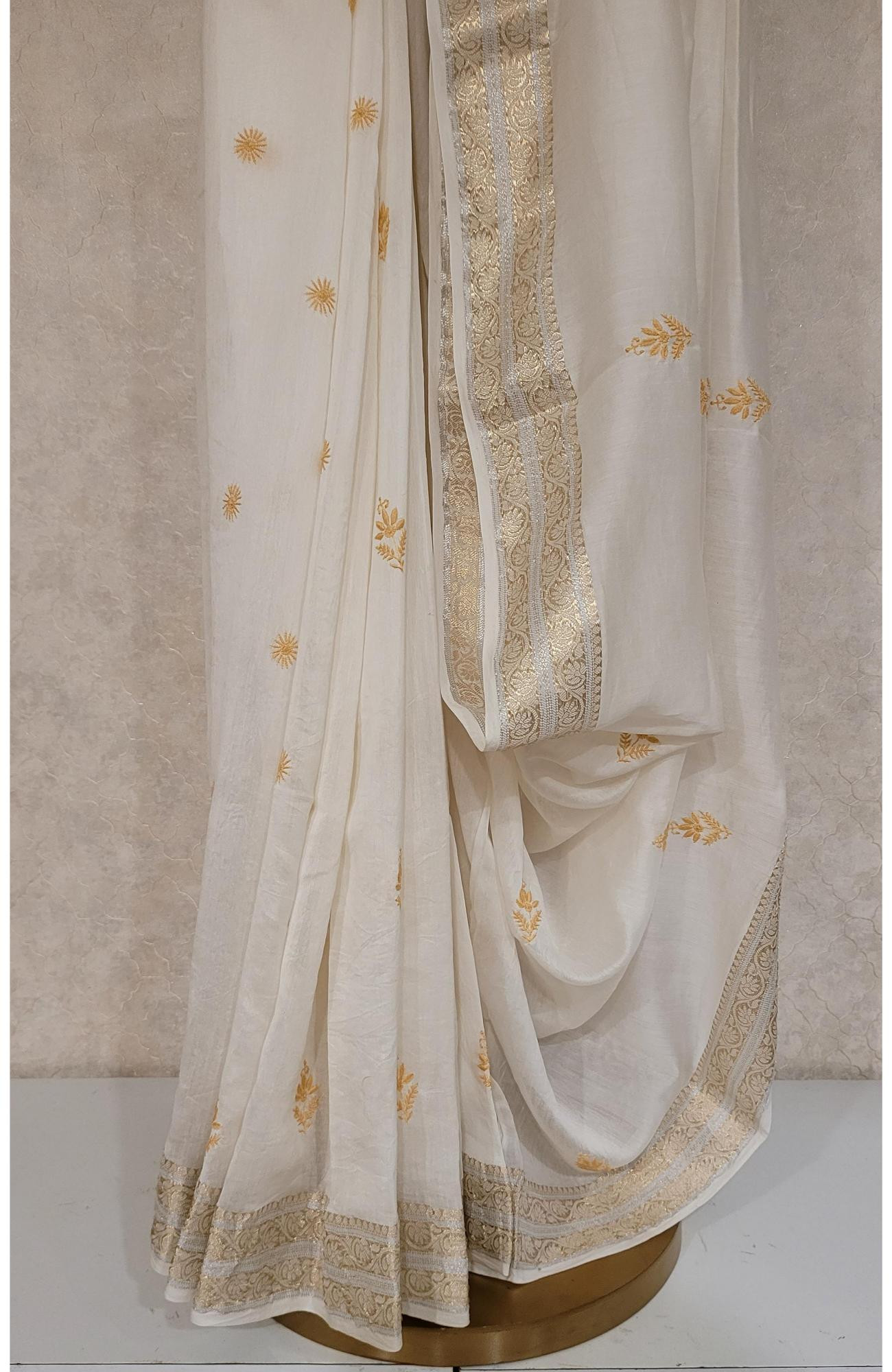 White Chanderi Slik Chikankari Saree Piece