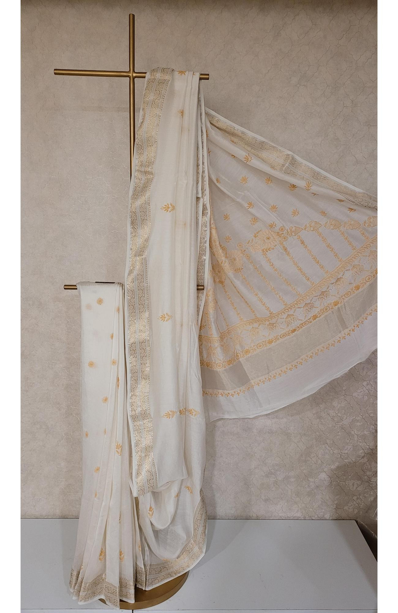 White Chanderi Slik Chikankari Saree Piece