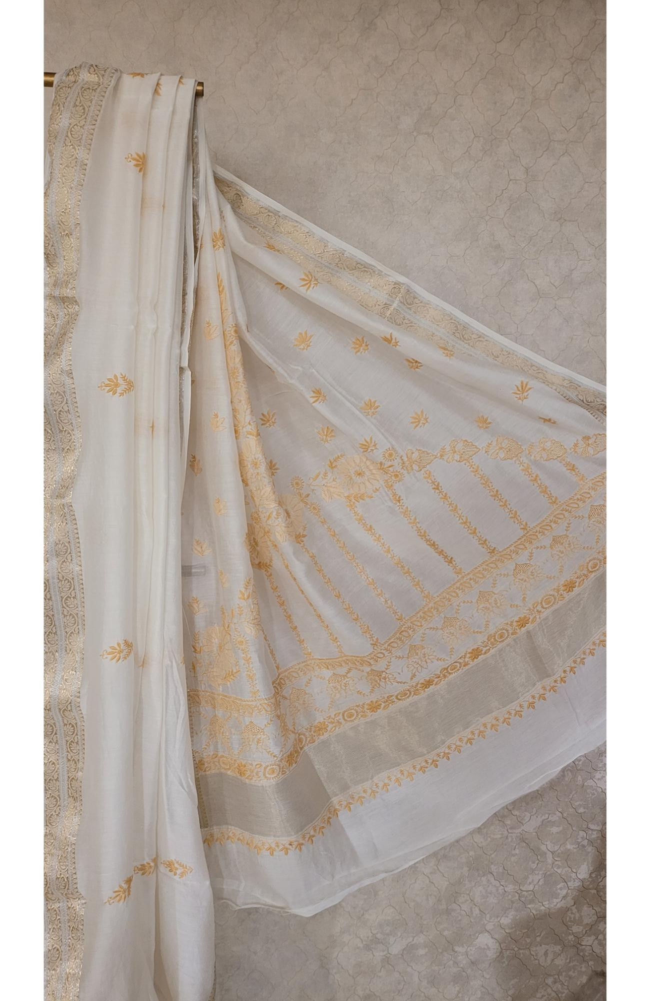 White Chanderi Slik Chikankari Saree Piece