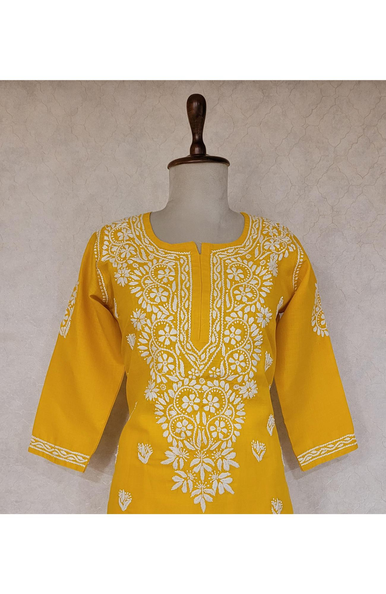 Mustard Yellow Slub Cotton Chikankari Kurtr