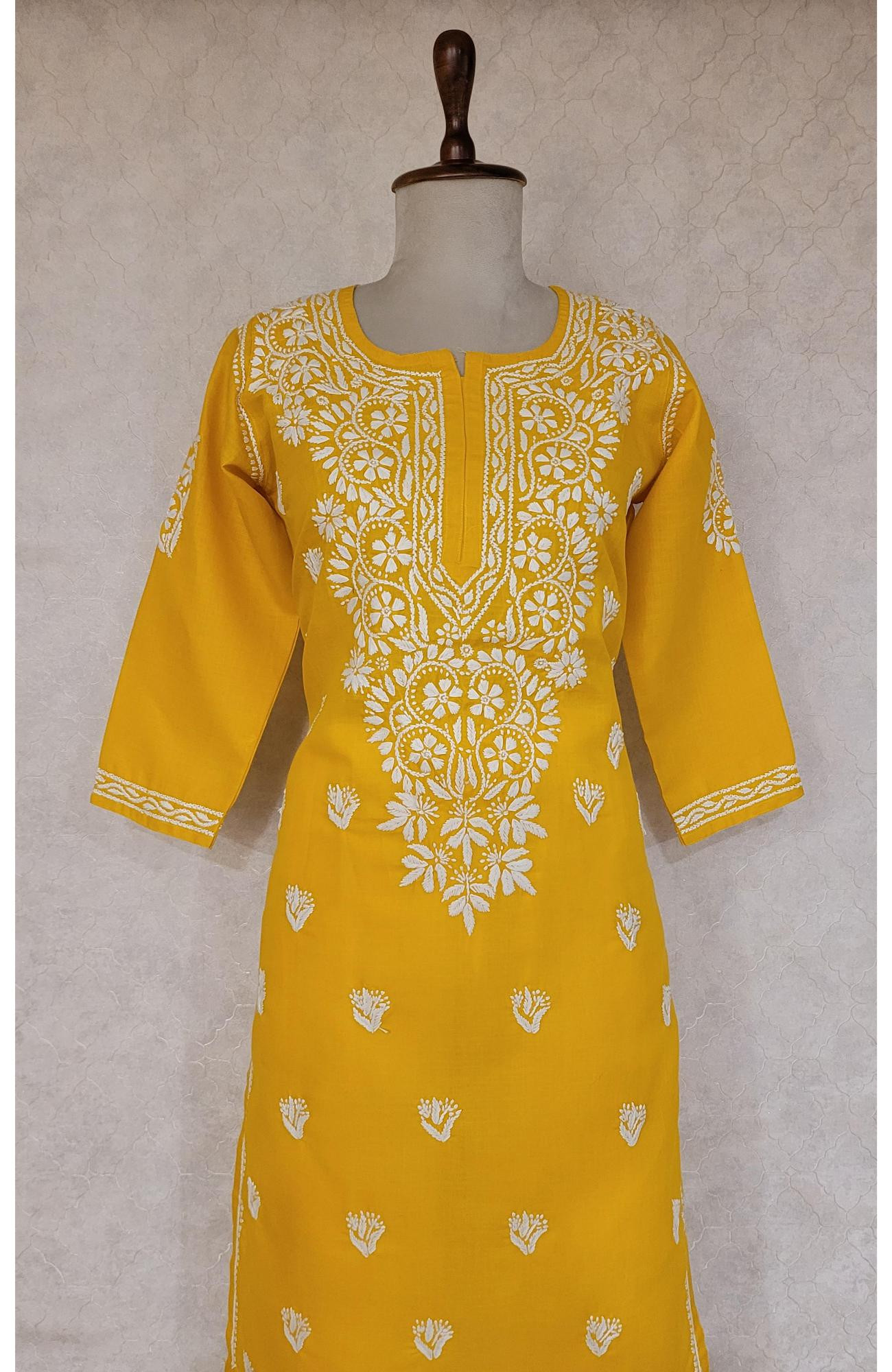 Mustard Yellow Slub Cotton Chikankari Kurtr