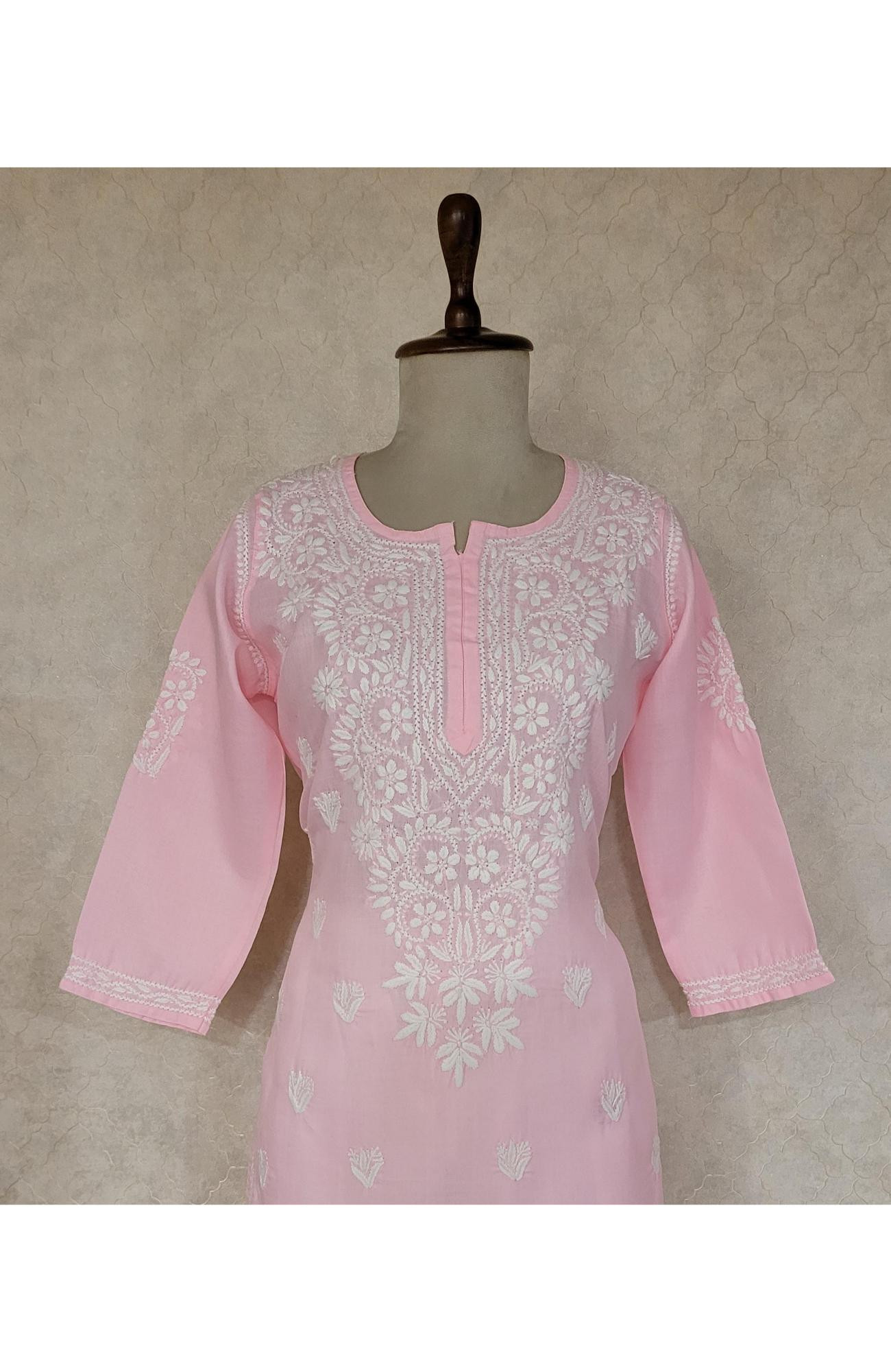 Pink Slub Cottton Chikankari Kurta