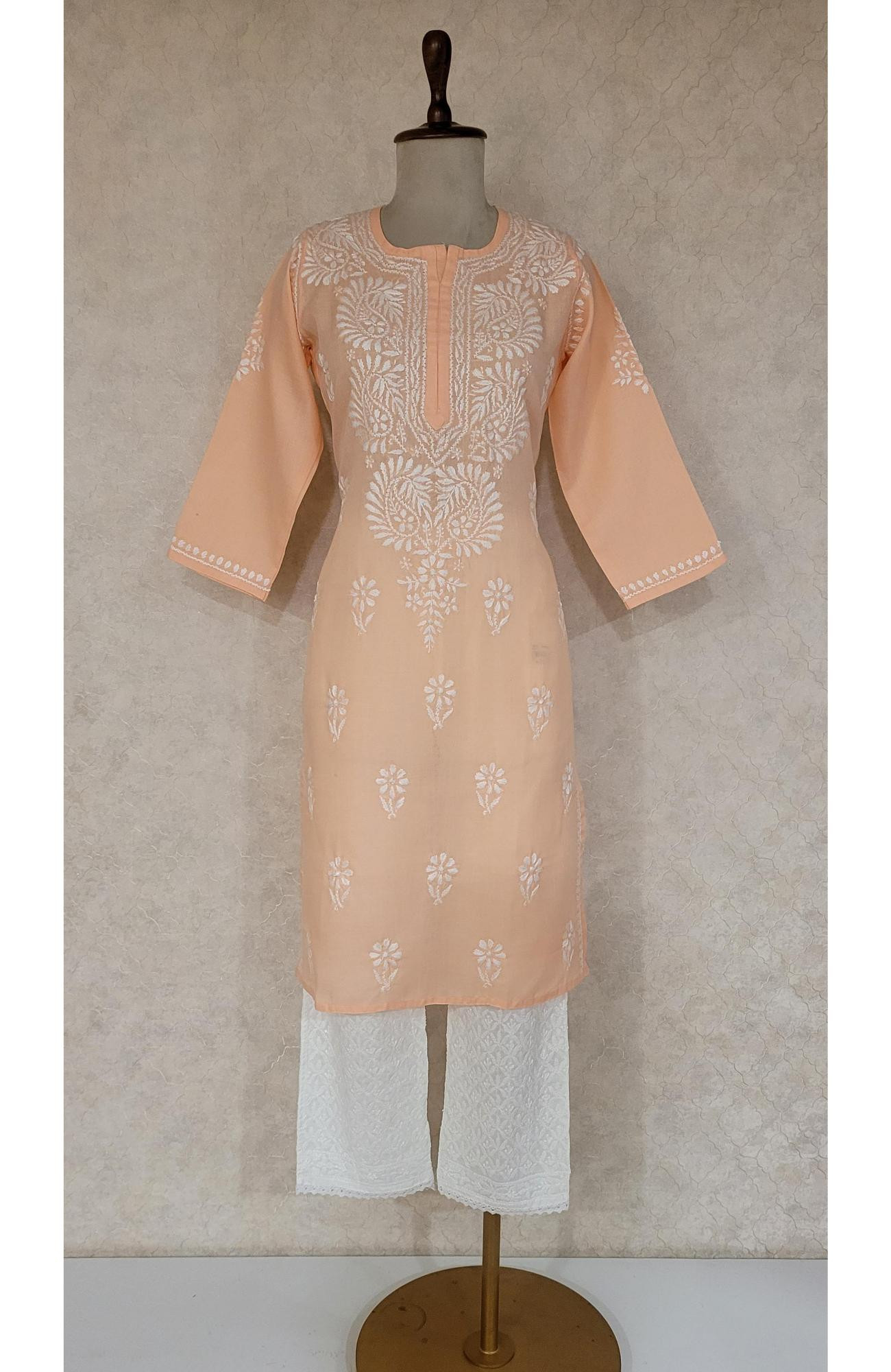 Peach Slub Cotton Chikankari Kurta