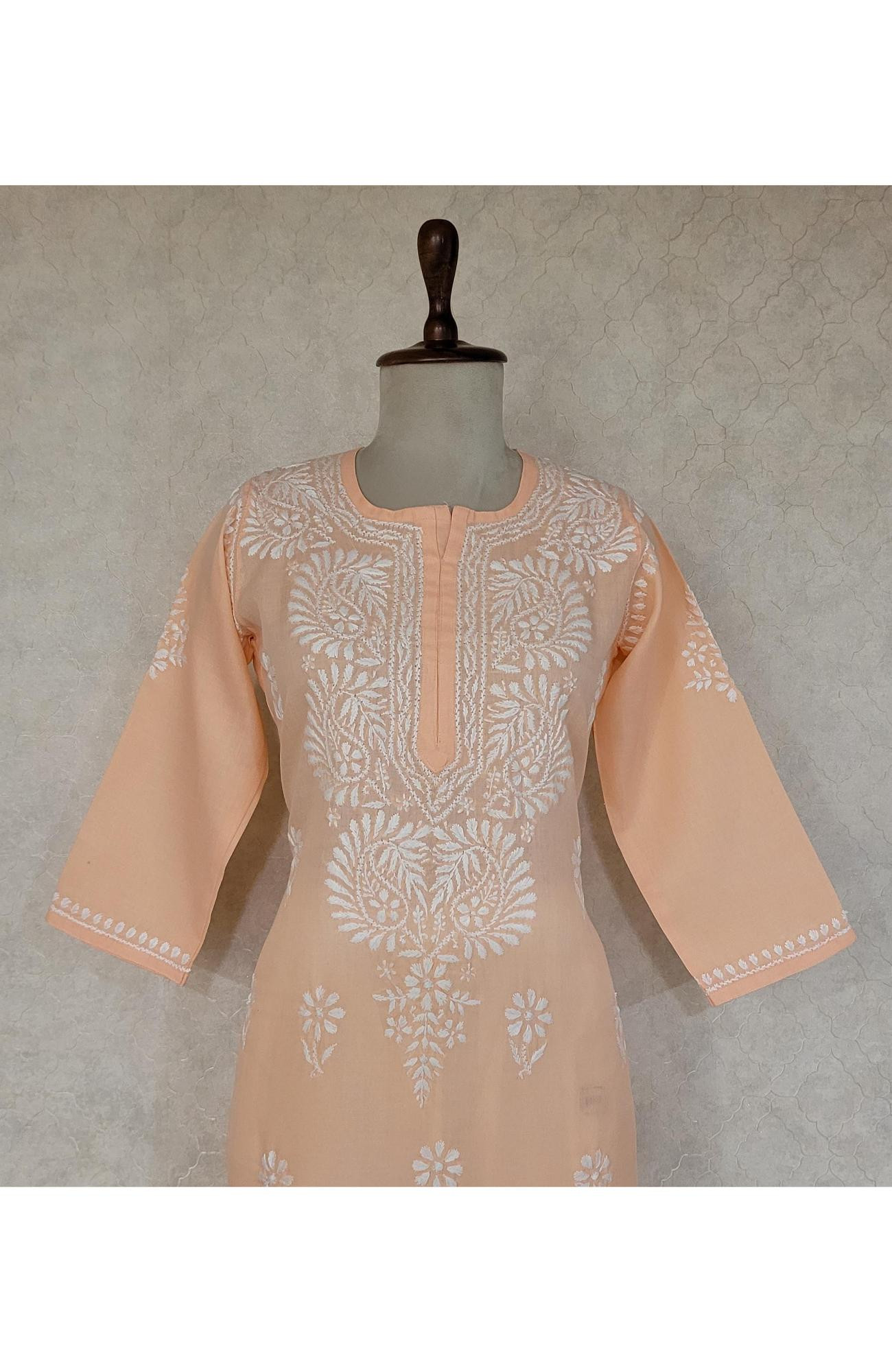 Peach Slub Cotton Chikankari Kurta