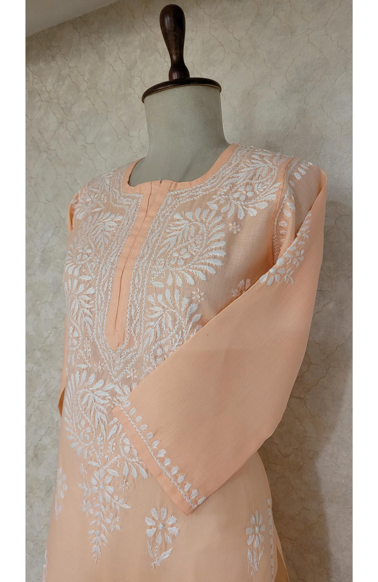 Peach Slub Cotton Chikankari Kurta