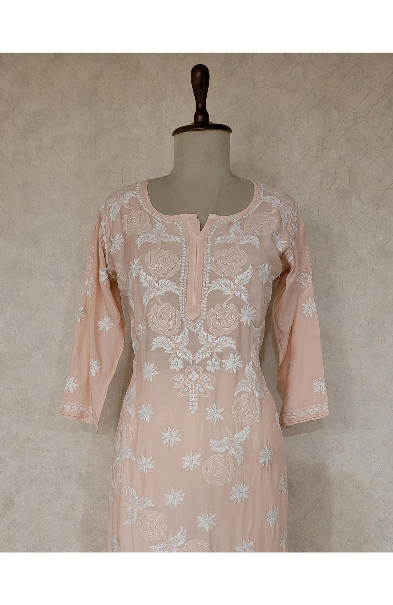 Peach Pink Muslin Chikankari Kurta