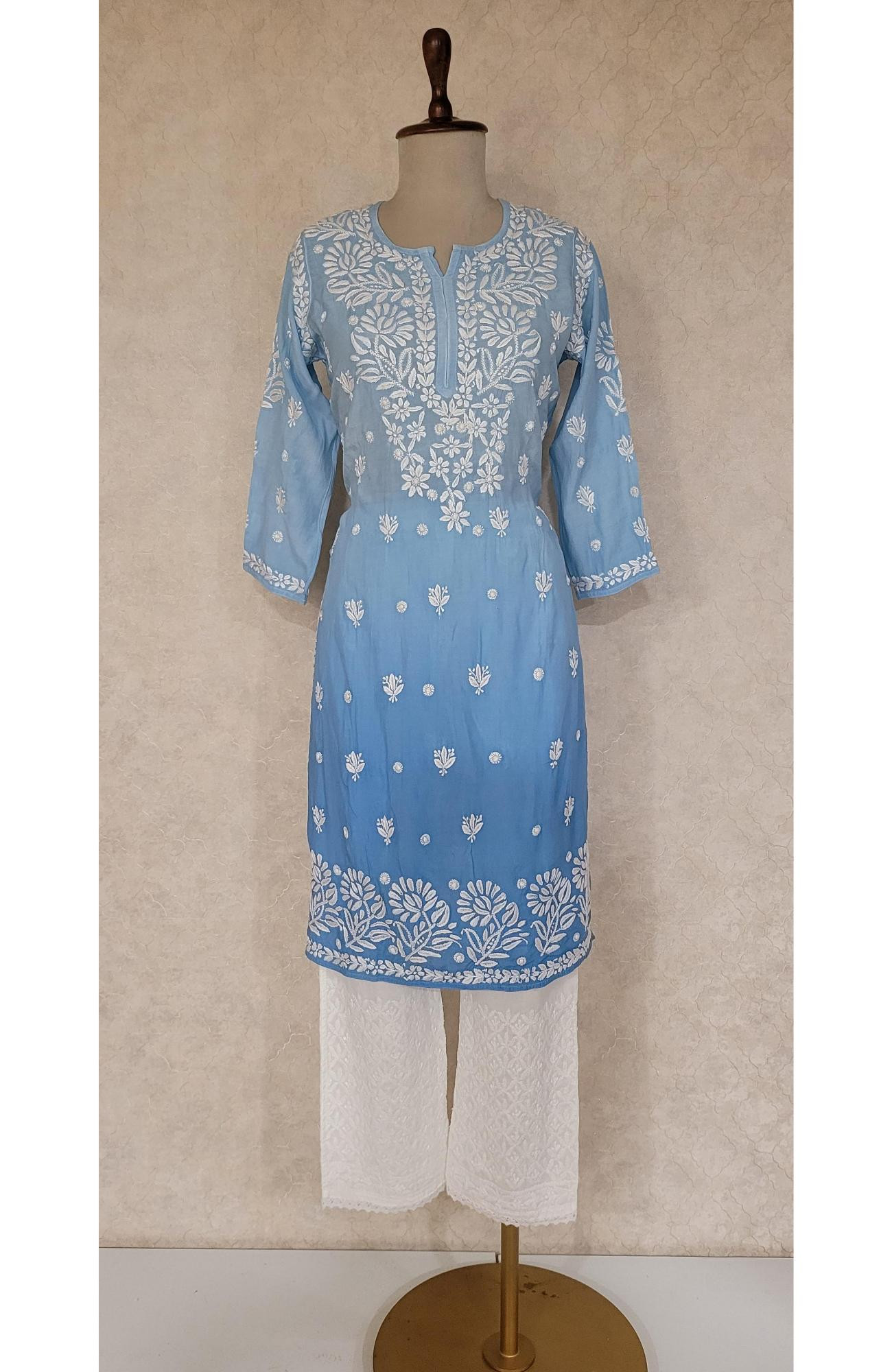 Dark Blue Ombre Muslin Chikankari Kurta