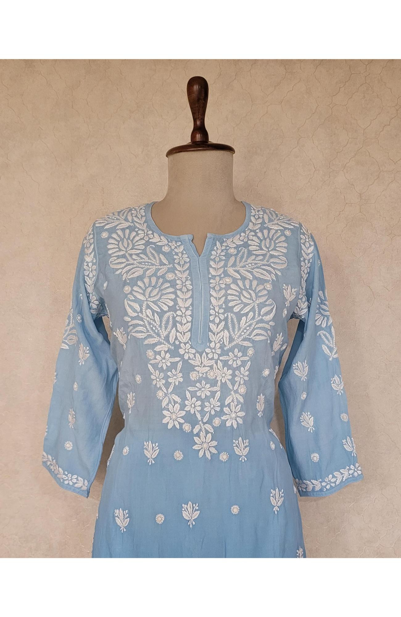 Dark Blue Ombre Muslin Chikankari Kurta
