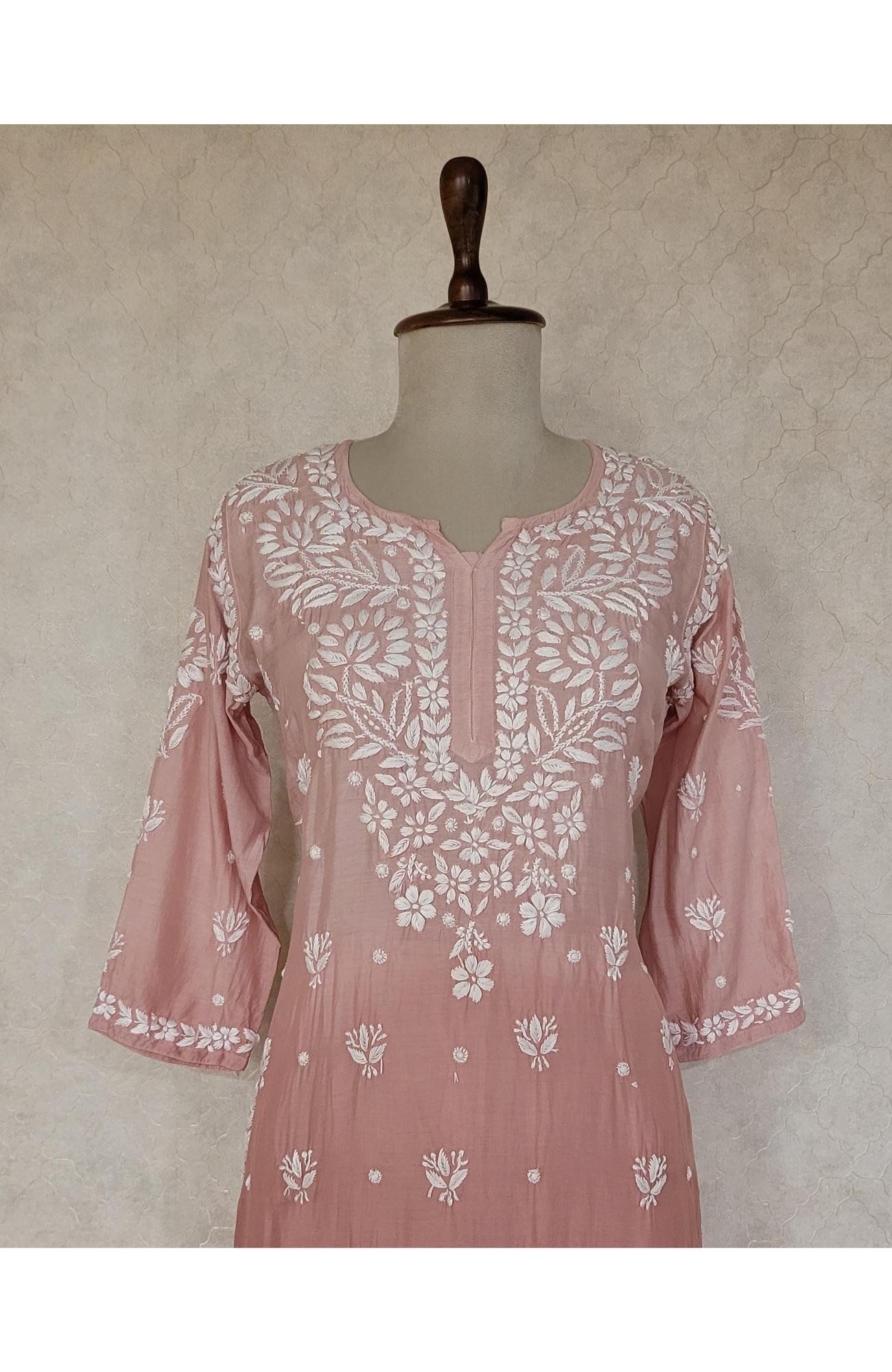 Dark Pink Ombre Muslin Chikankari Kurta