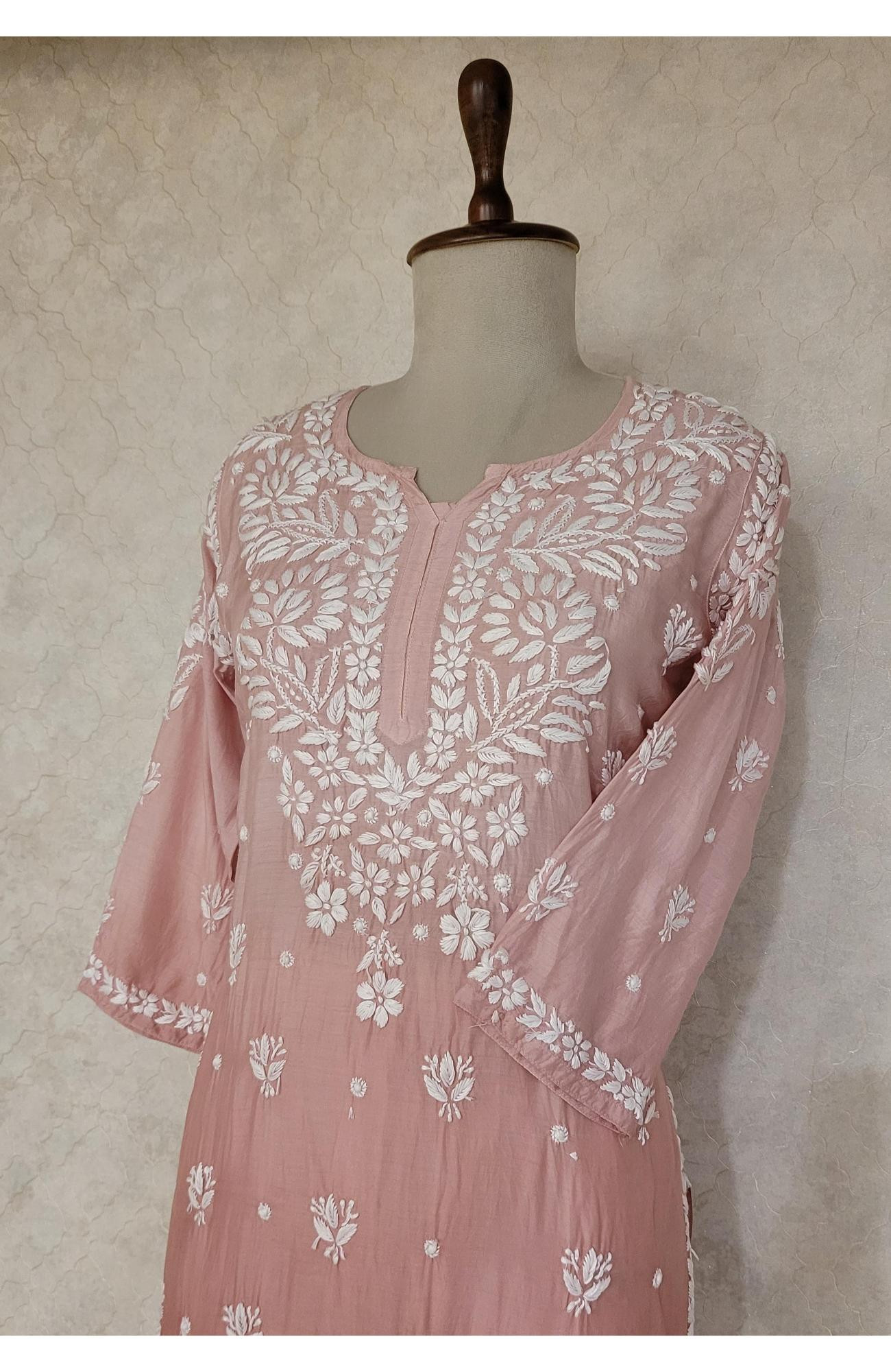Dark Pink Ombre Muslin Chikankari Kurta