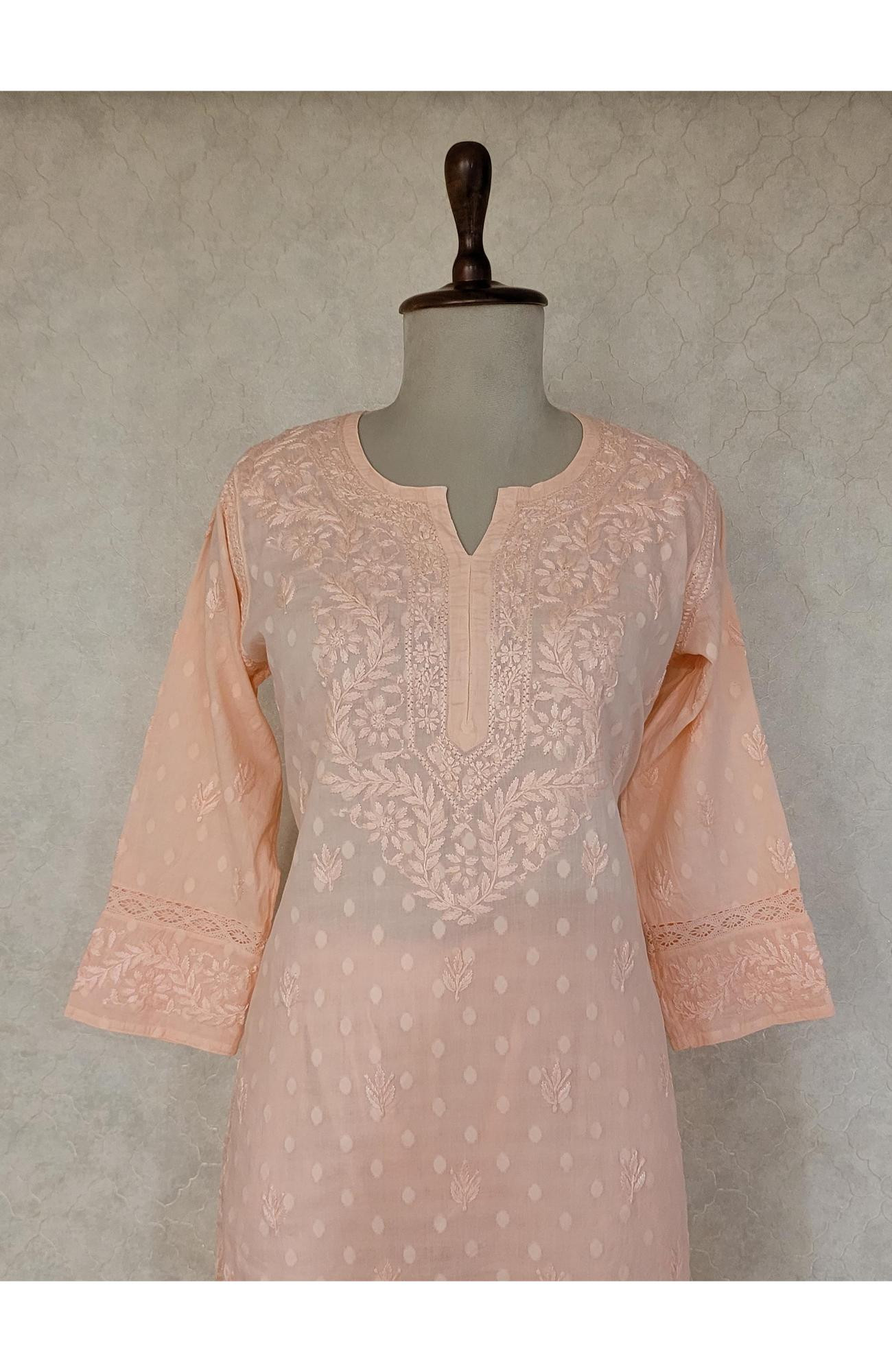 Peach Pink Mul Cotton Chikankari Kurta & Pant Set