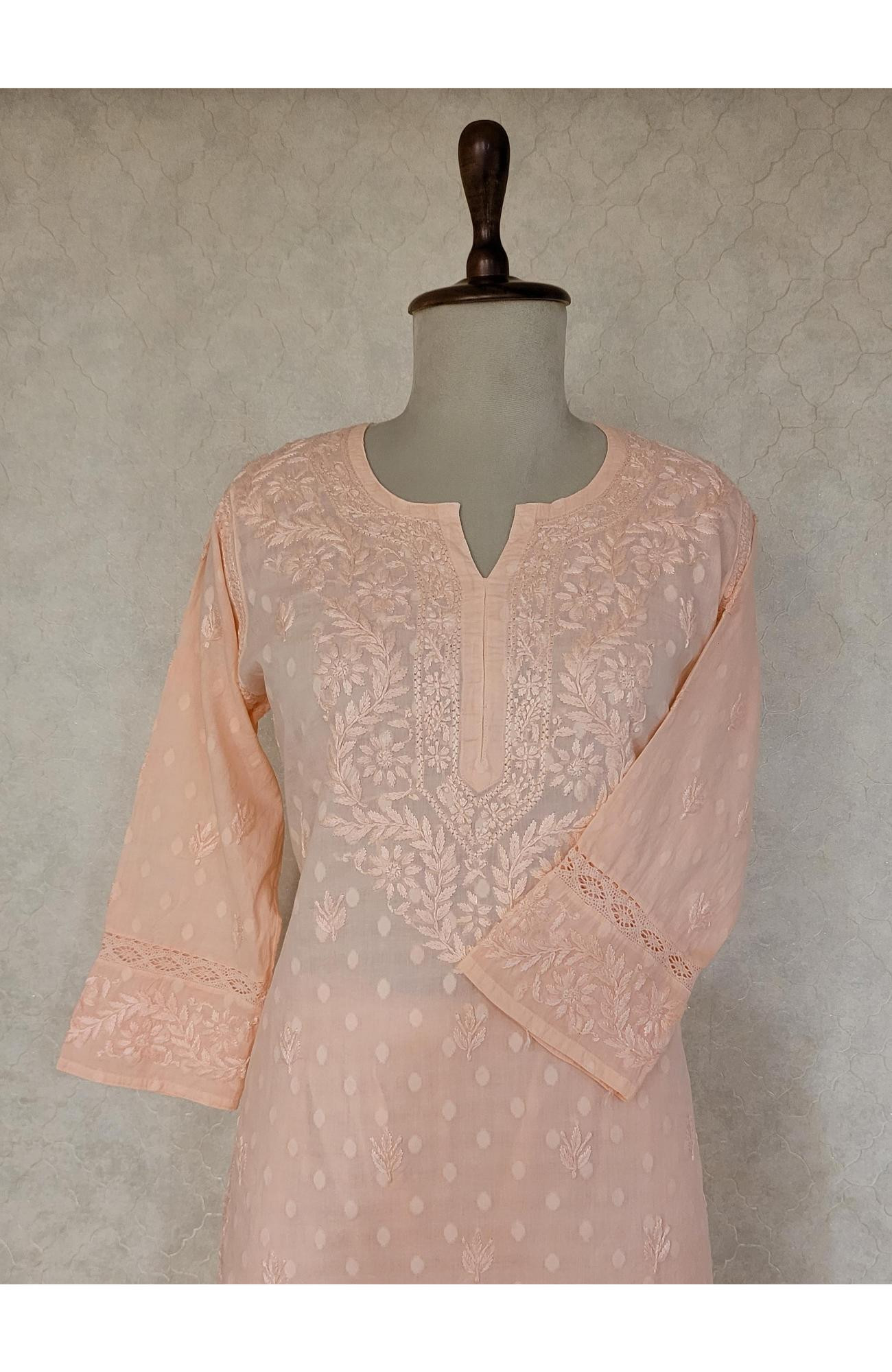 Peach Pink Mul Cotton Chikankari Kurta & Pant Set