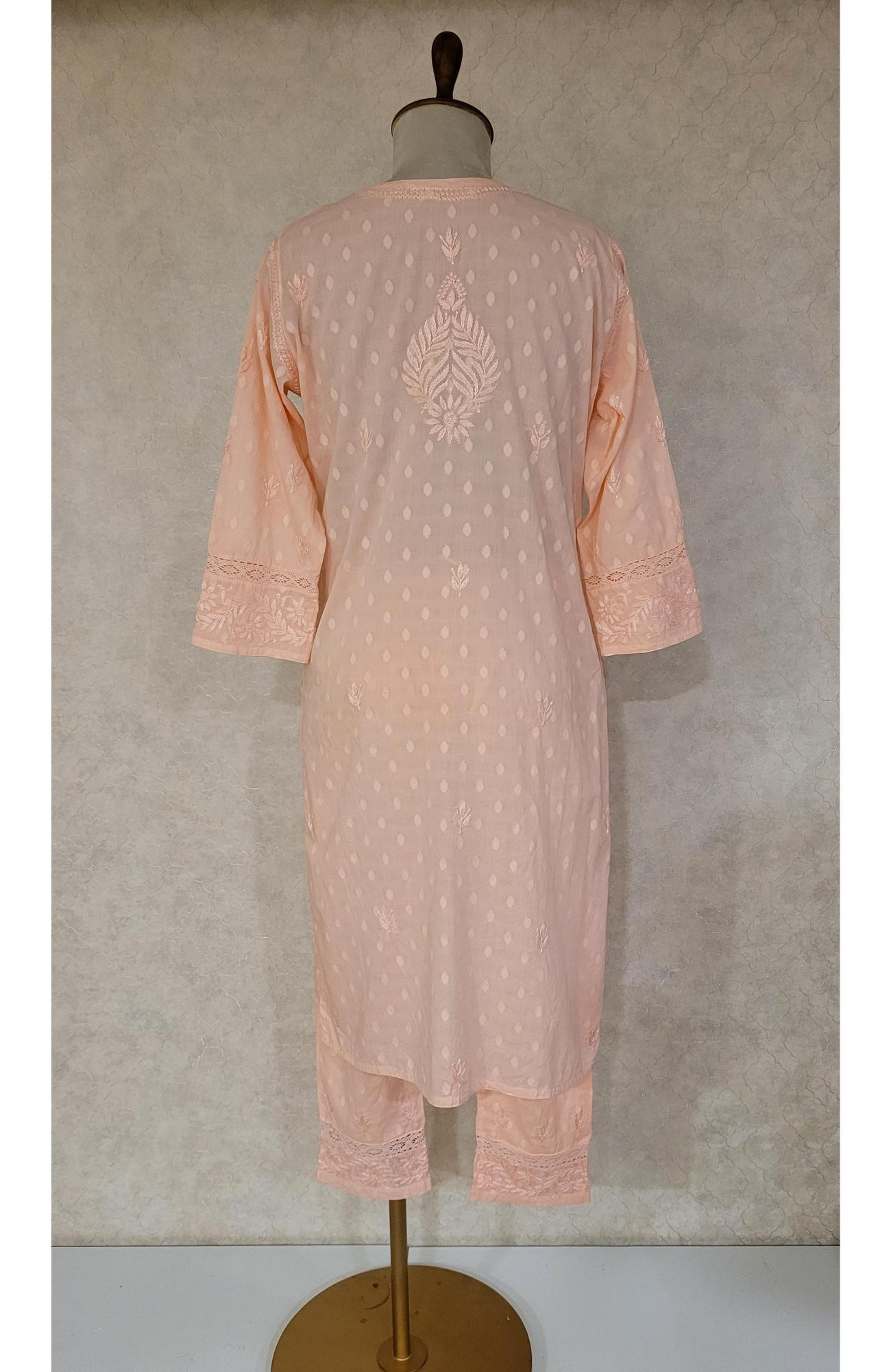 Peach Pink Mul Cotton Chikankari Kurta & Pant Set