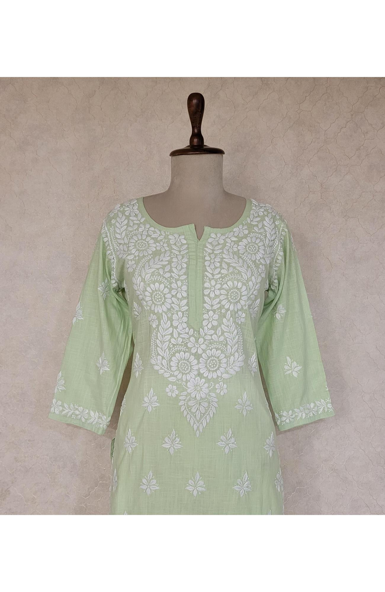 Green Khadi Cotton Chikankari Kurta