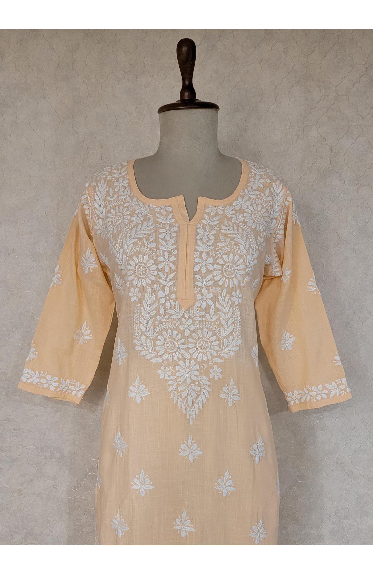 Peach Khadi Cotton Chikankari Kurta