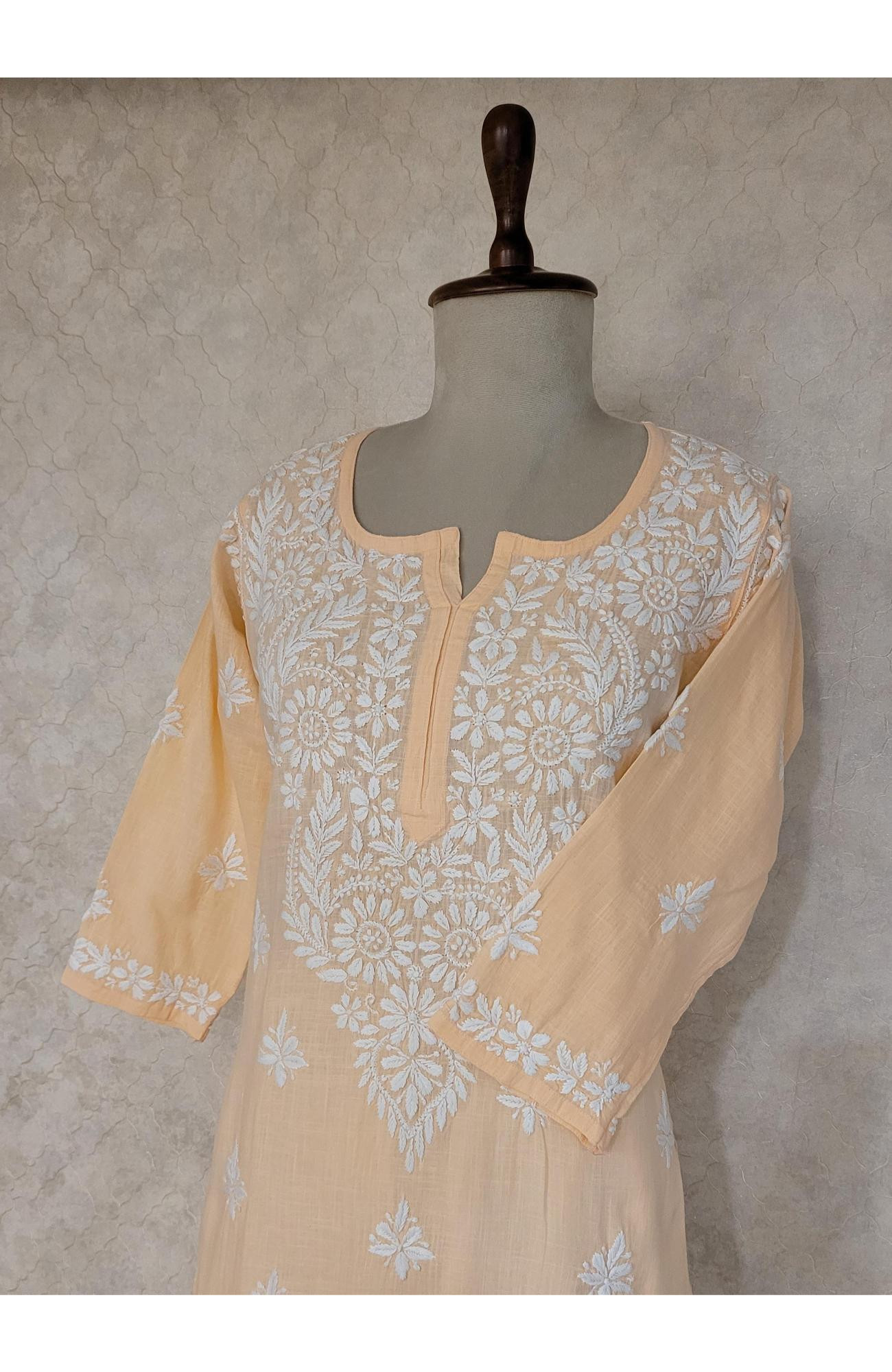 Peach Khadi Cotton Chikankari Kurta