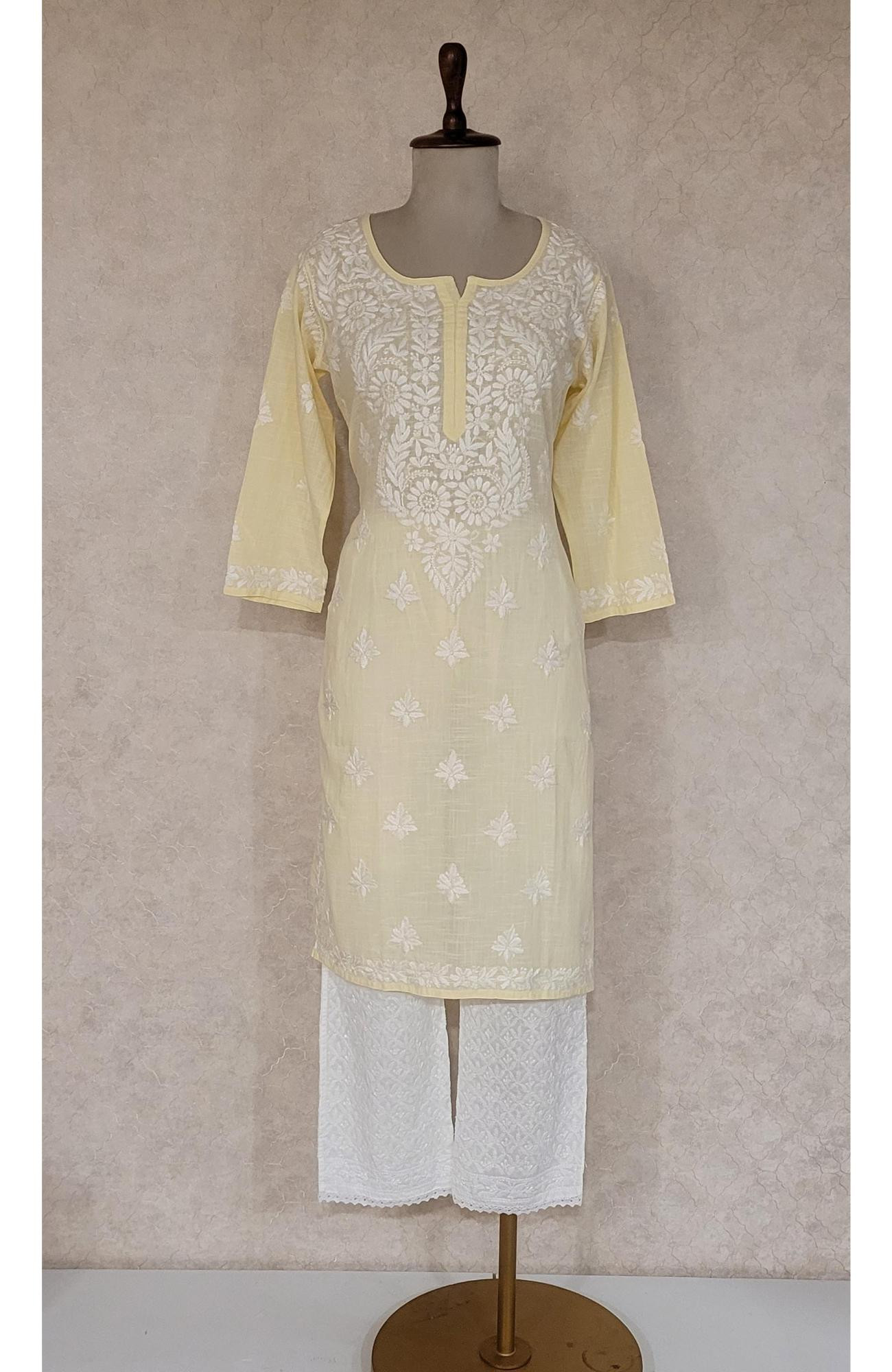 Lemon Yellow Khadi Cotton Chikankari Kurta