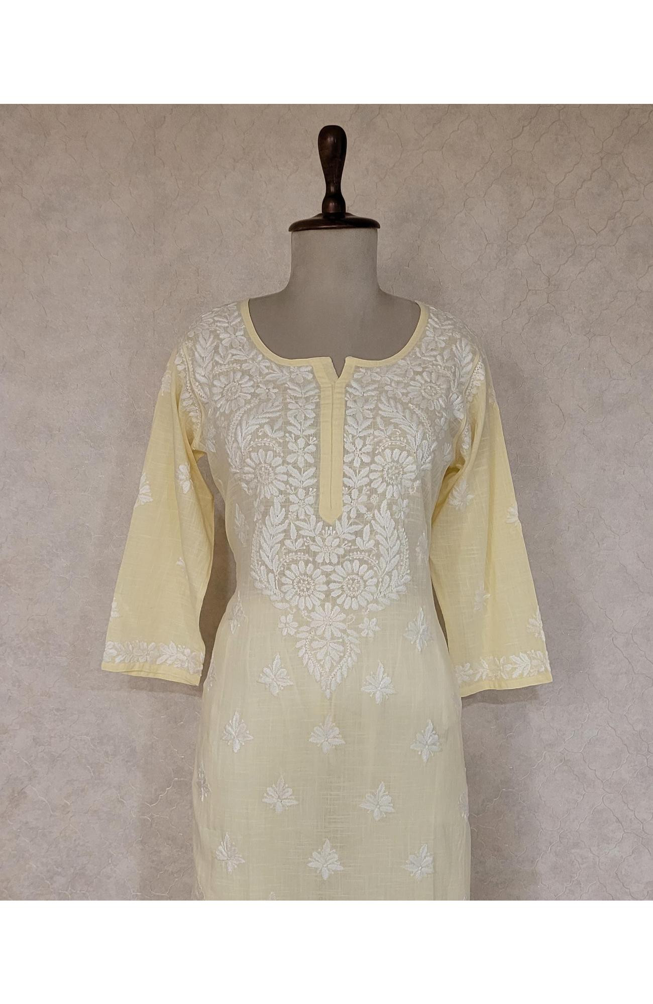 Lemon Yellow Khadi Cotton Chikankari Kurta