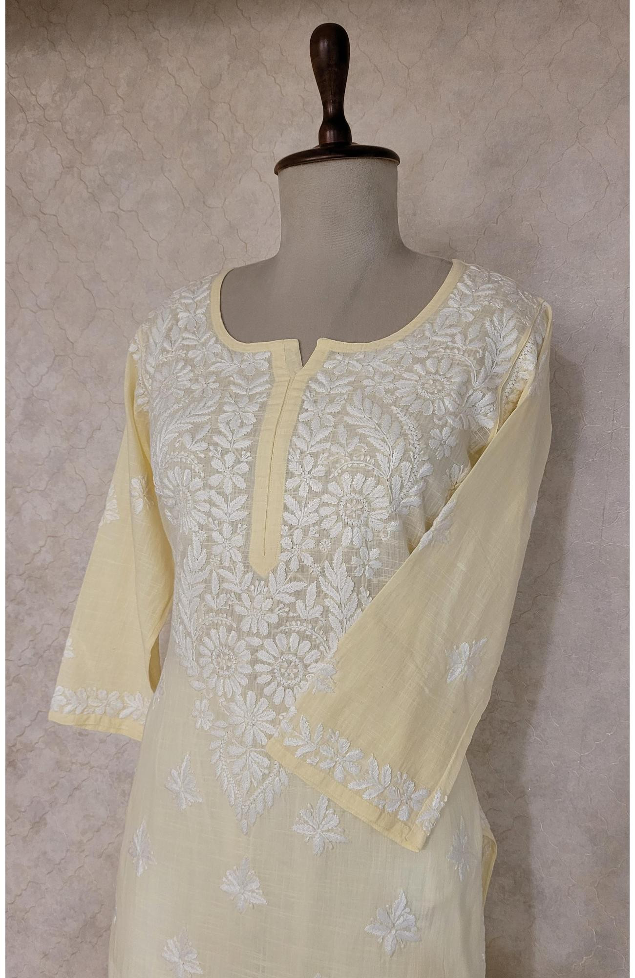 Lemon Yellow Khadi Cotton Chikankari Kurta