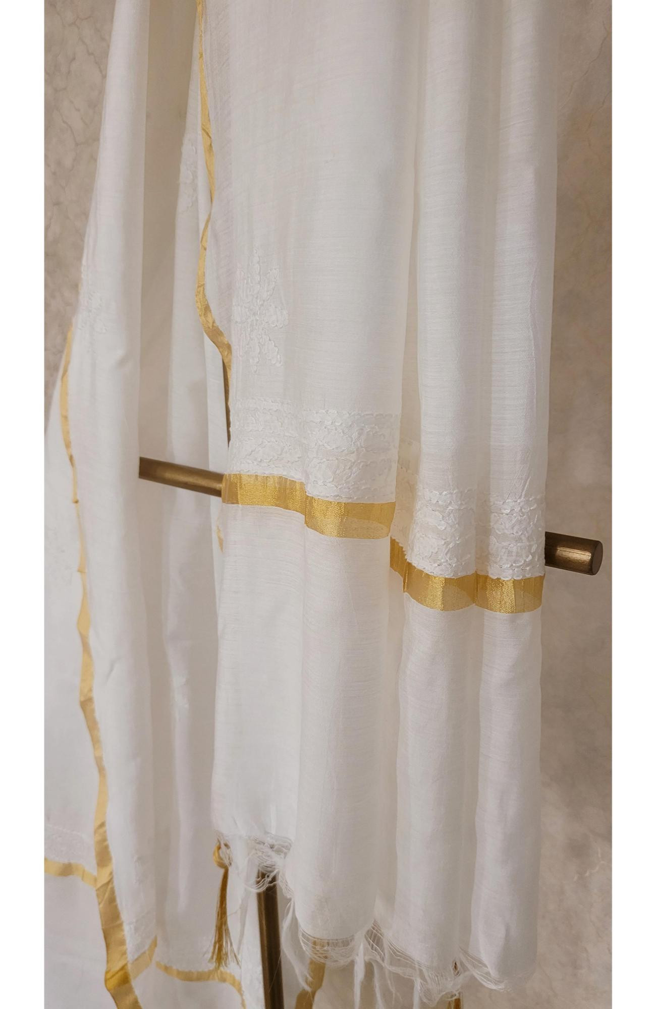 White Chanderi Chikankari Dupatta