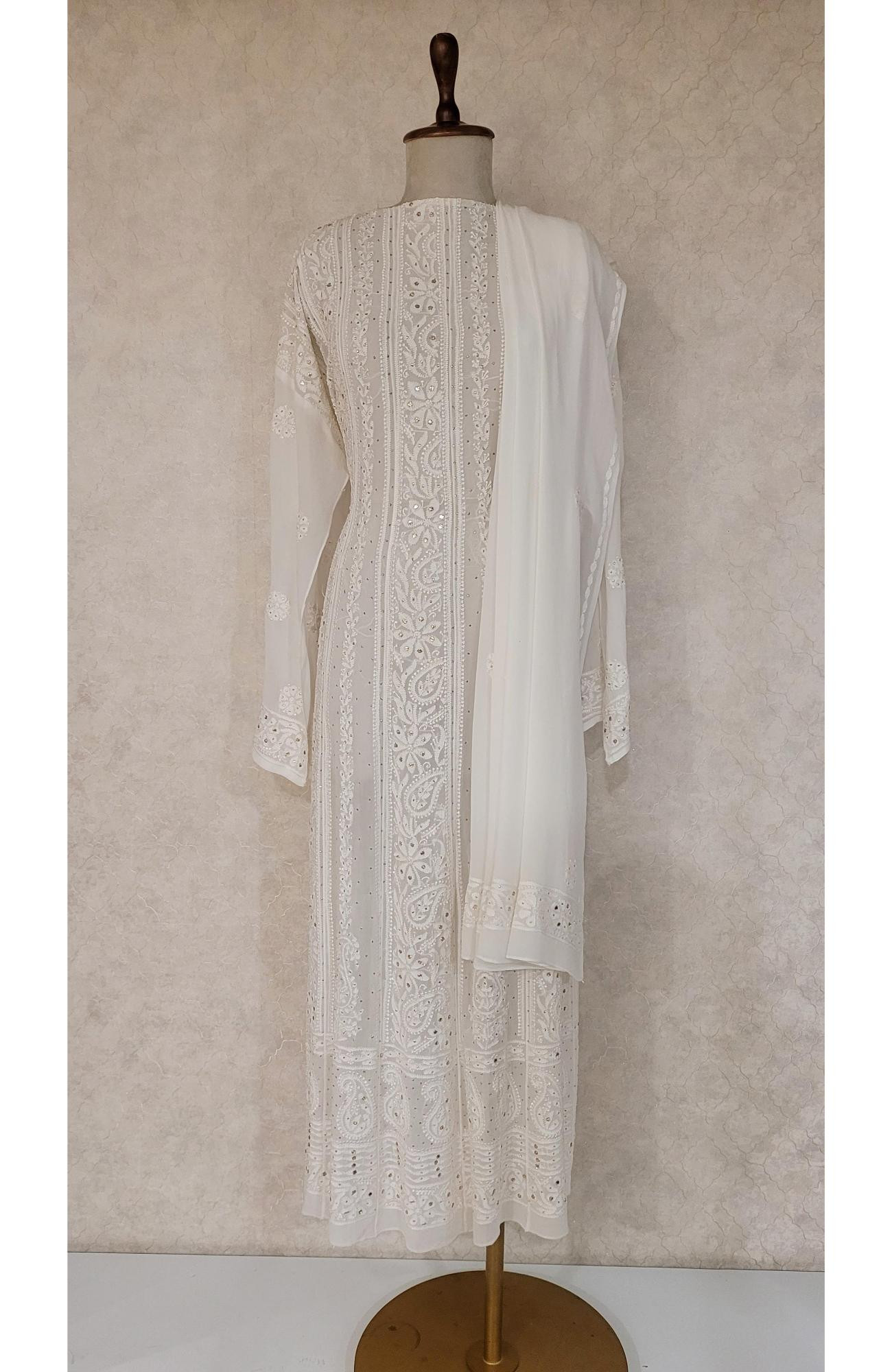 White Pure Georgette Chikankari Anarkali Kurta & Dupatta