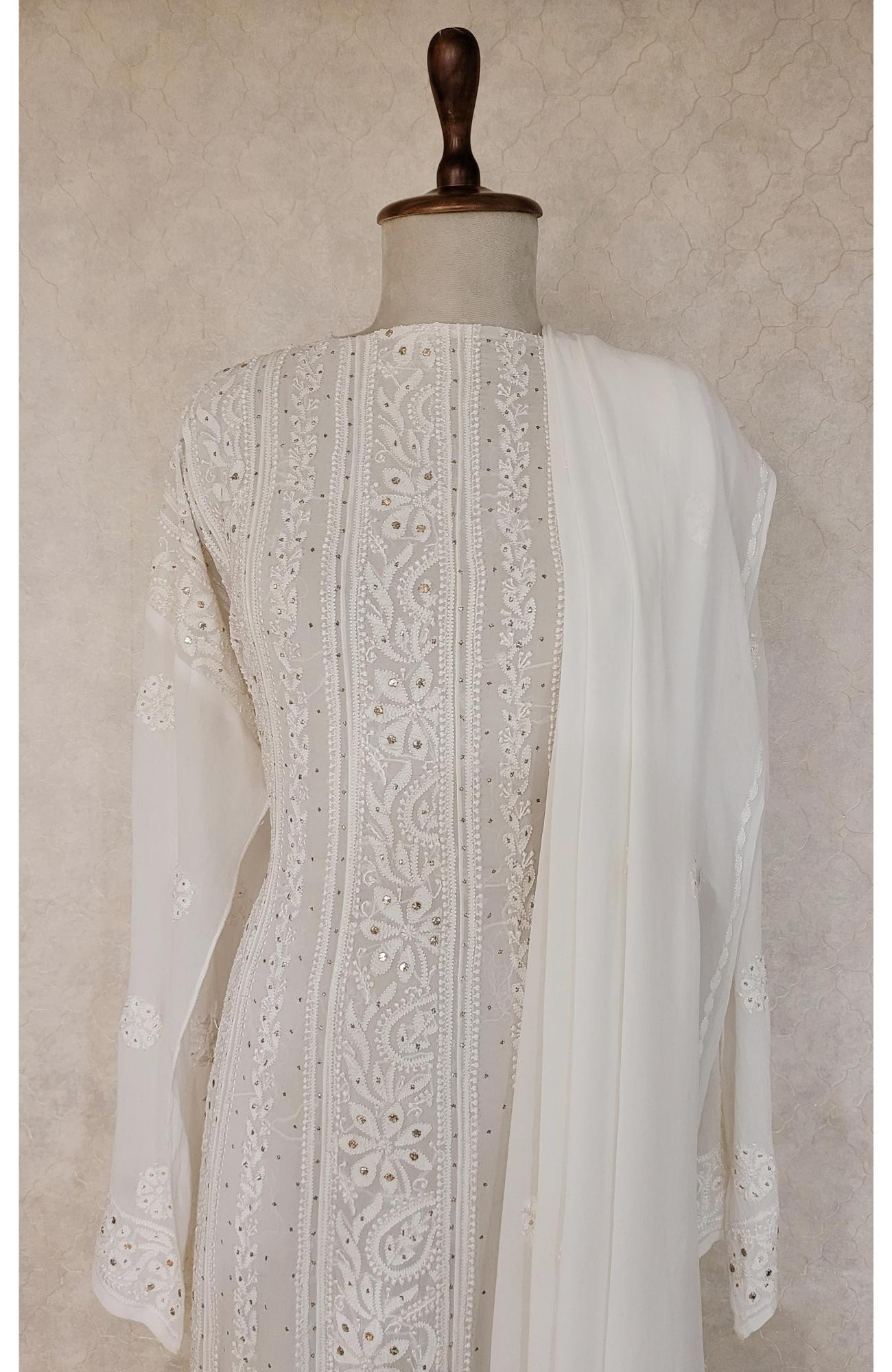 White Pure Georgette Chikankari Anarkali Kurta & Dupatta