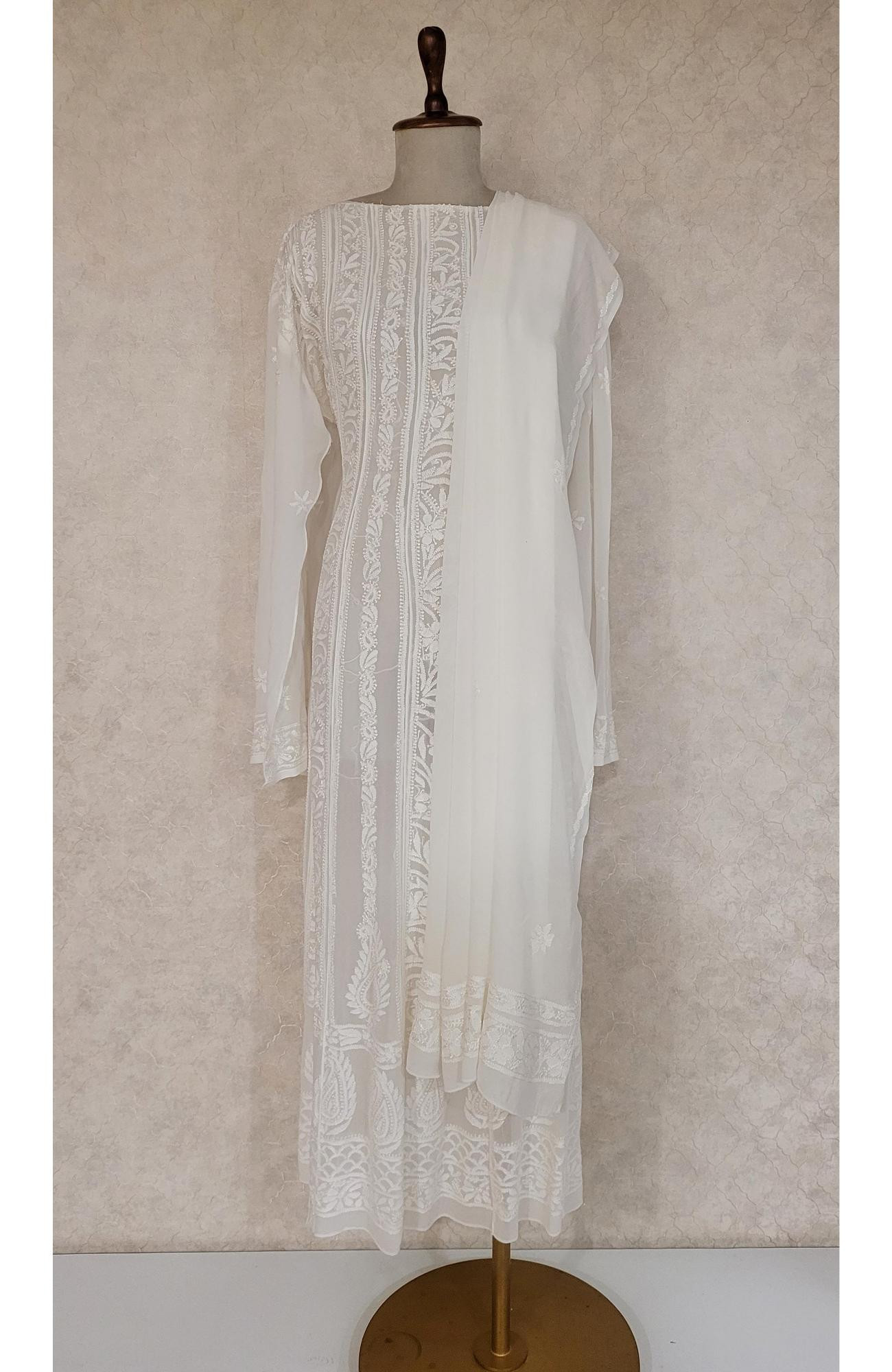 White Pure Georgette Chikankari Anarkali Kurta & Dupatta